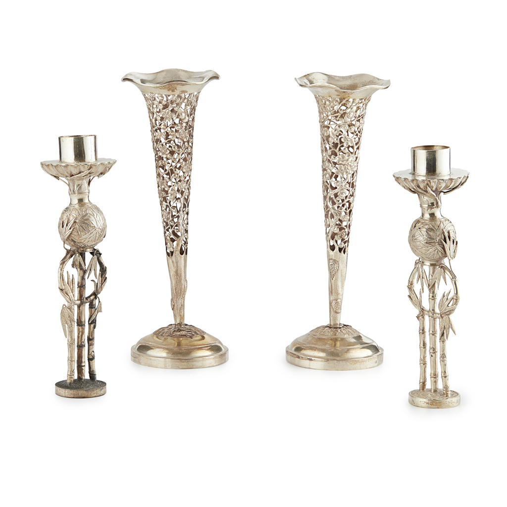 PAIR OF EXPORT SILVER RETICULATED 'PRUNUS' VASES