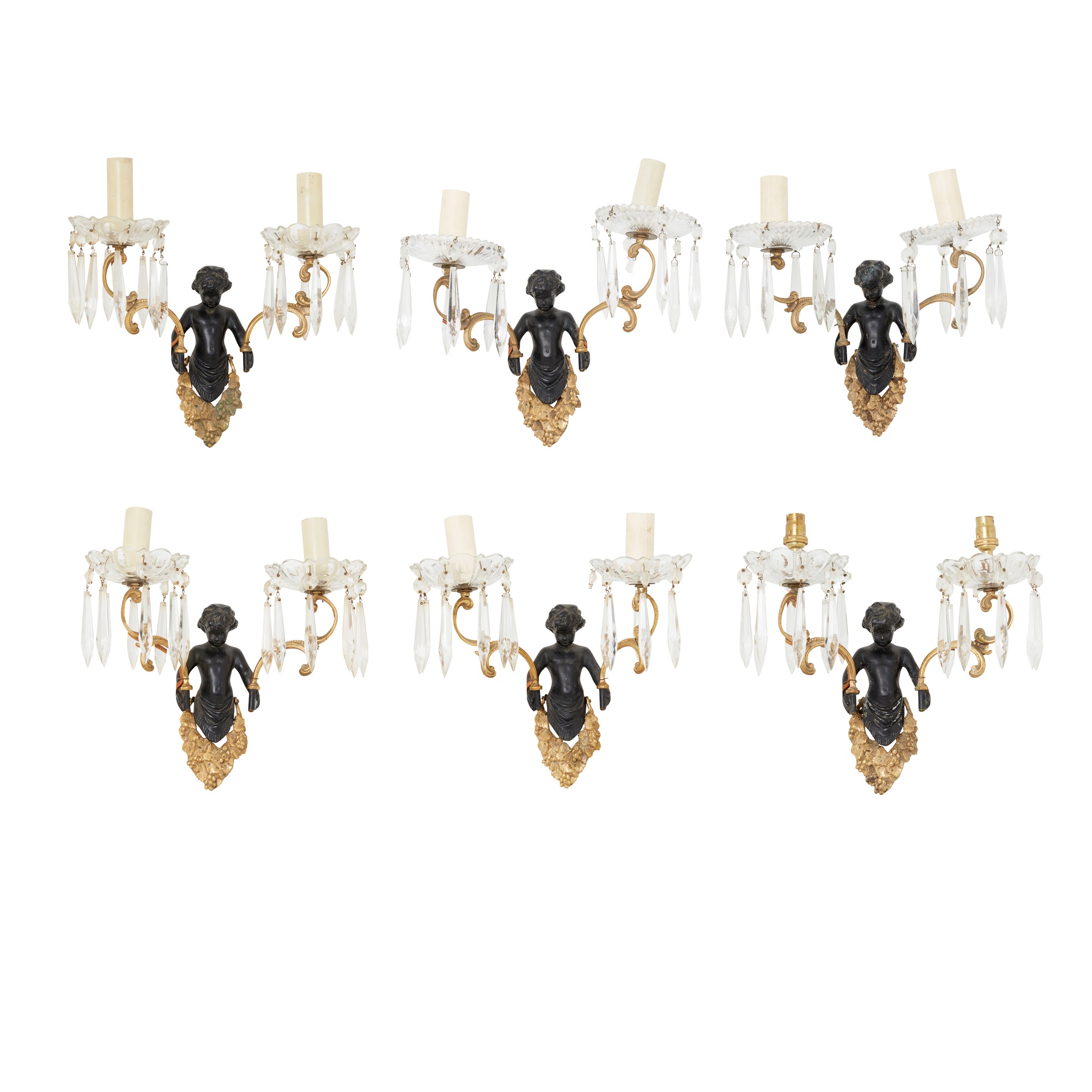 SET OF SIX GILT AND PATINATED BRONZE WALL SCONCES