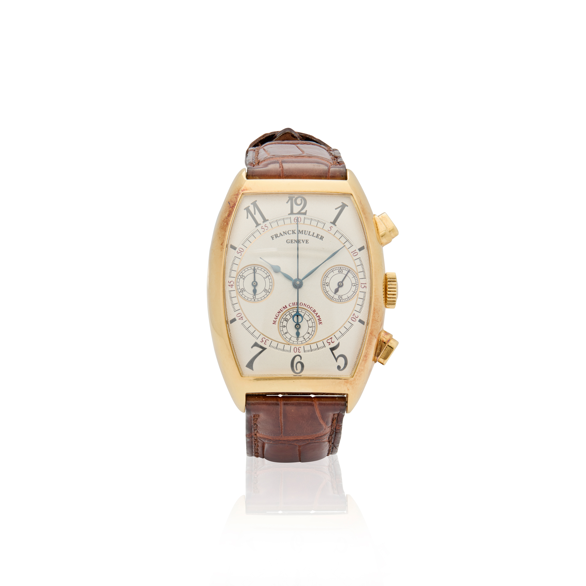 Franck Muller. A fine and rare tonneau shape 18k gold automatic chronograph wristwatch