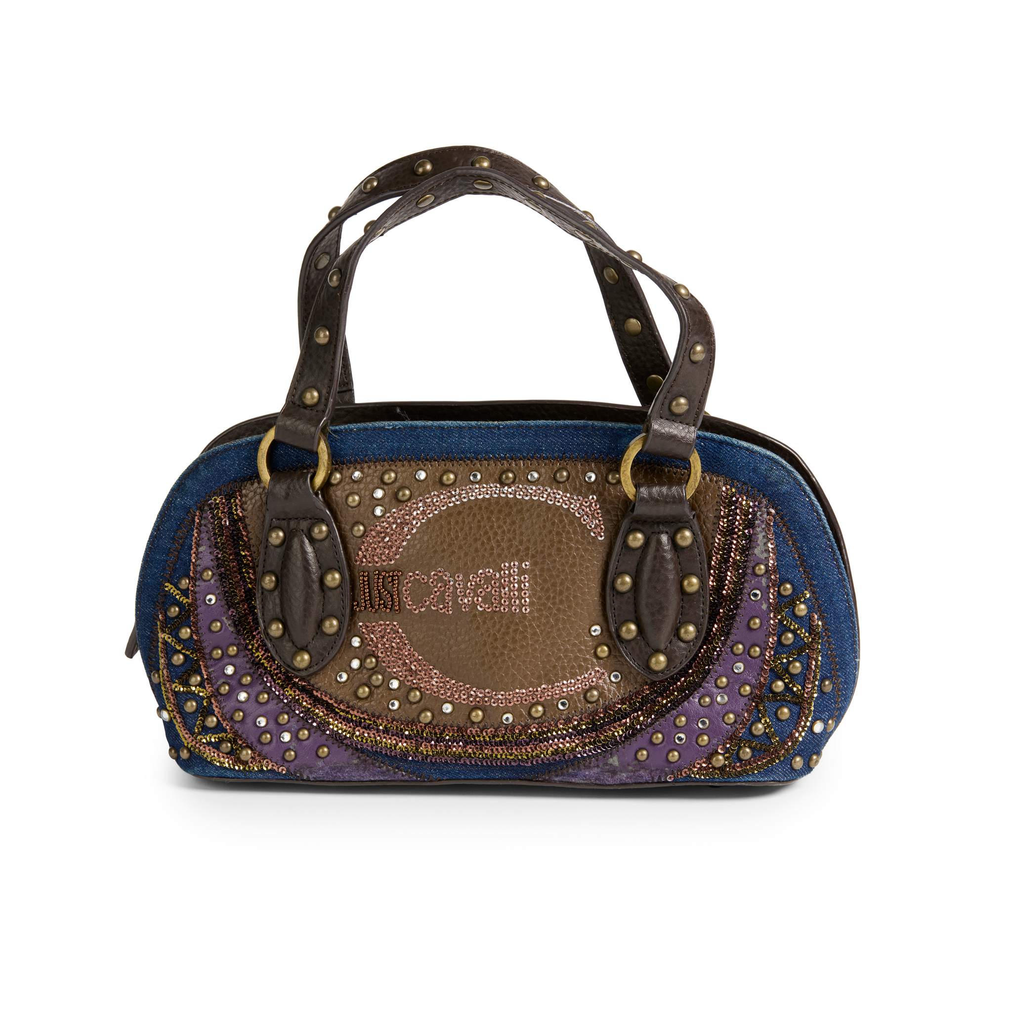 Just Cavalli: A Brown and Purple Leather and Blue Denim Bag