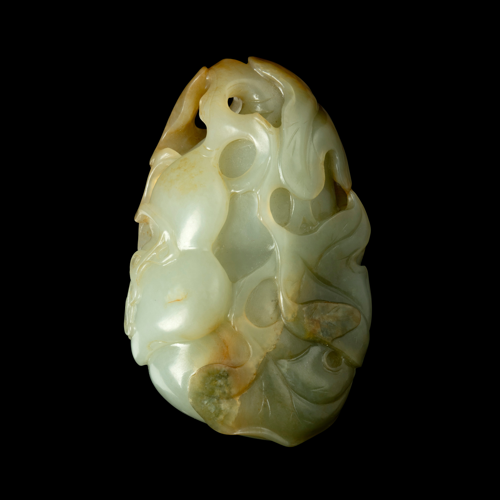 CHINESE CELADON JADE WITH RUSSET SKIN CARVING OF 'GOURD' PENDANT