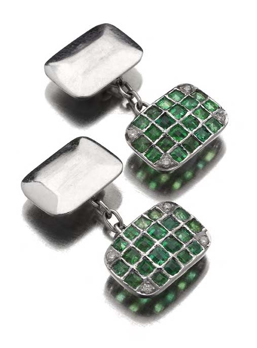 A pair of emerald and diamond set cufflinks,