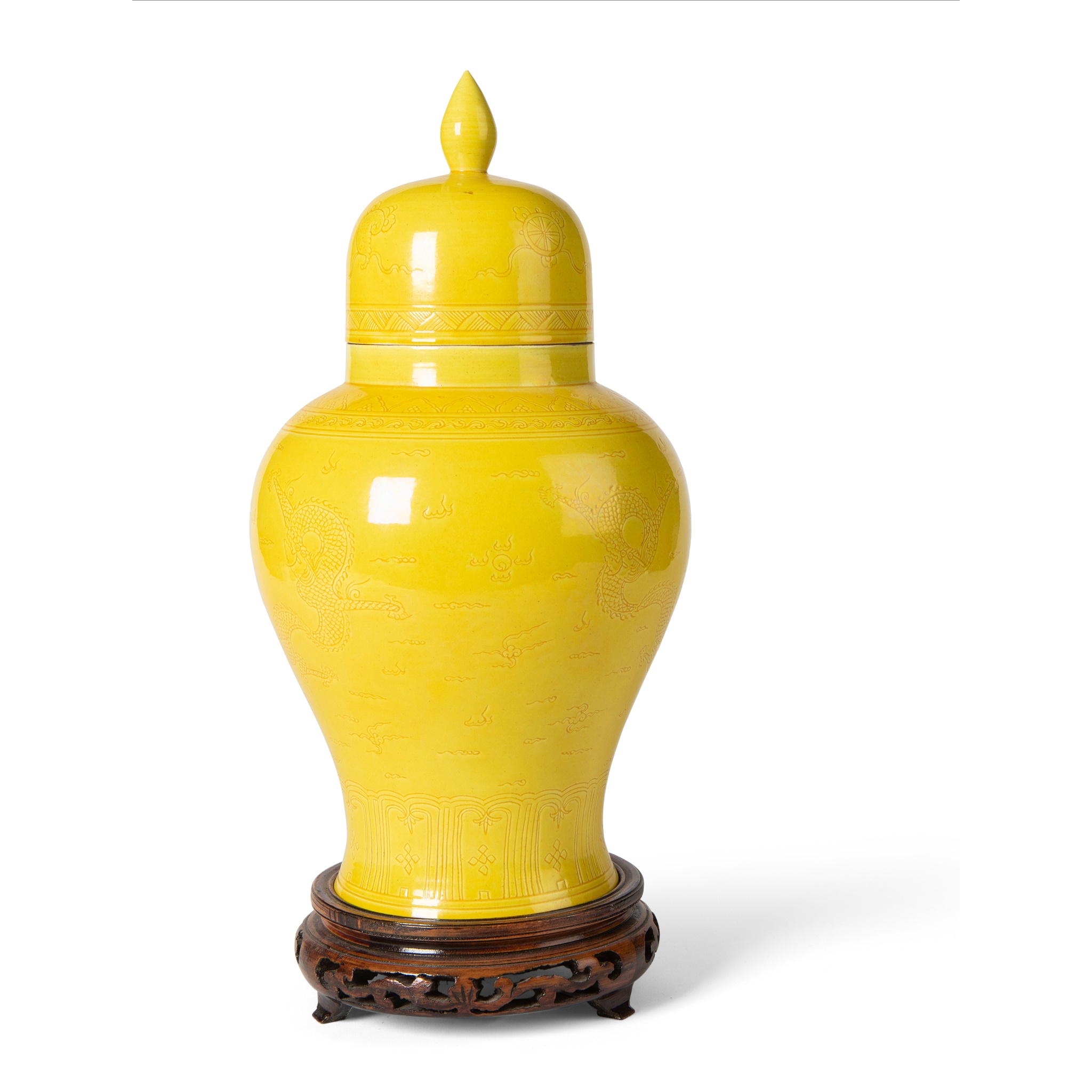 LEMON YELLOW-GALZED 'DRAGON' LIDDED JAR