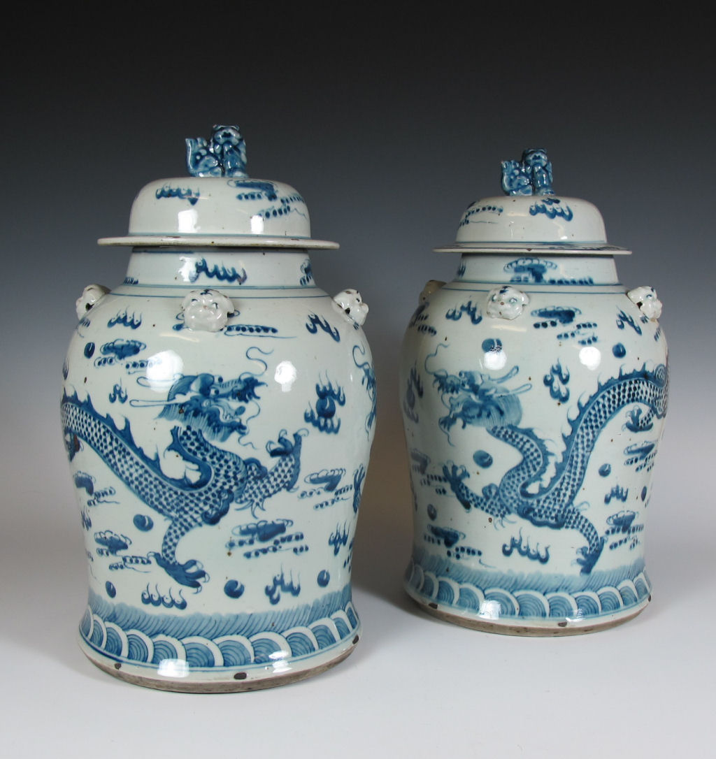 Two Chinese blue painted temple jars and covers In the Kangxi manner, but later