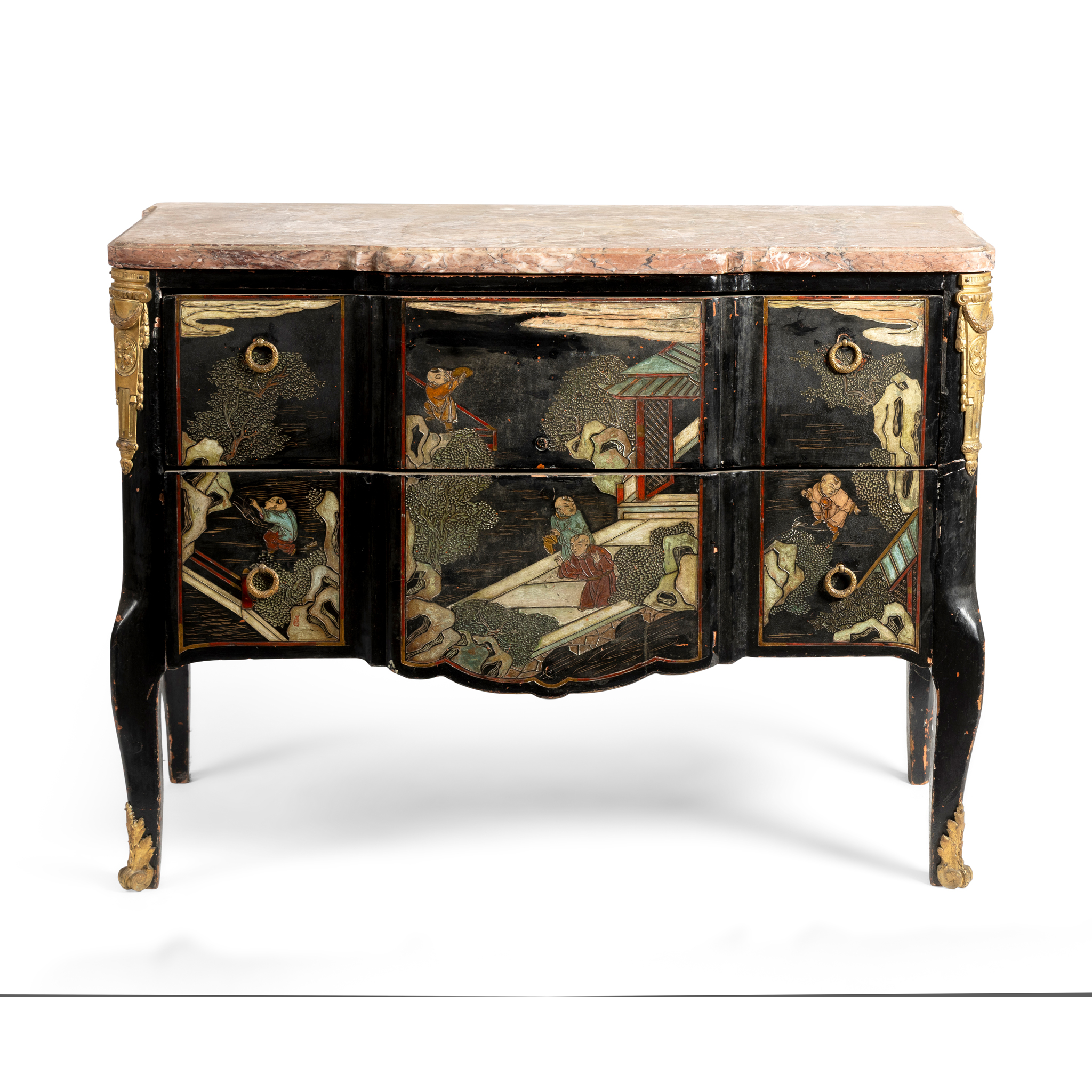 AN EBONISED AND POLYCHROME DECORATED COMMODE