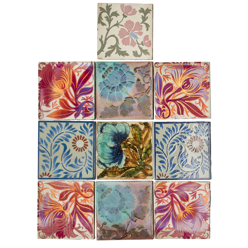 FOUR RUBY LUSTRE TILES BY J.C. EDWARDS