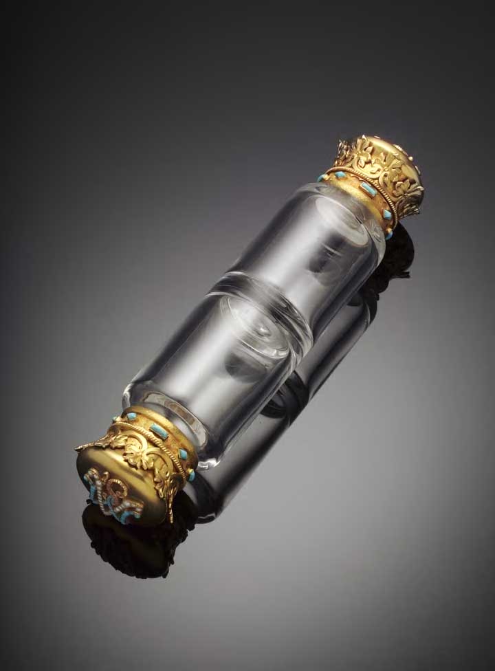 A Victorian gold mounted and gem set double ended scent bottle,