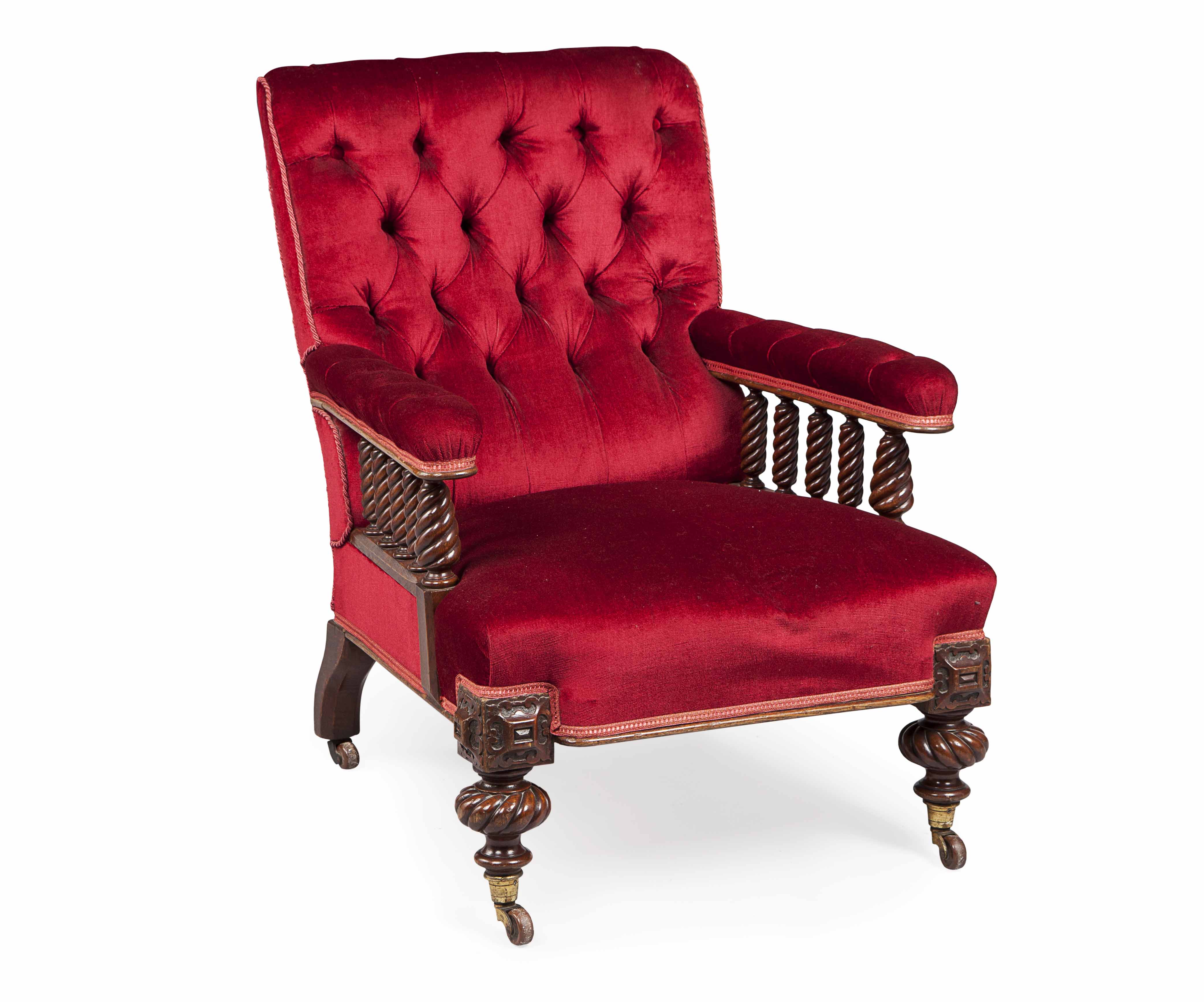EARLY VICTORIAN MAHOGANY AND UPHOLSTERED ARMCHAIR