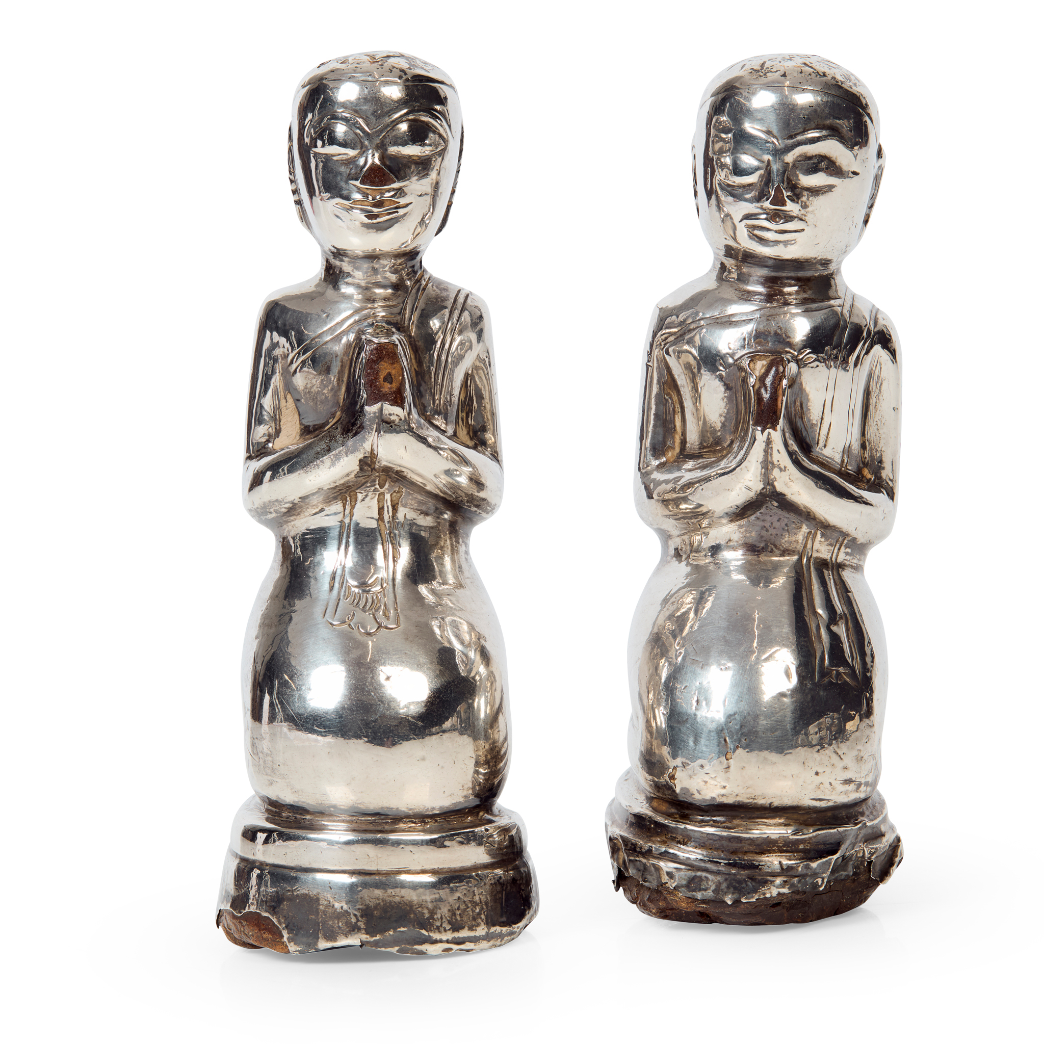 TWO BURMESE SILVER FIGURES OF BUDDHIST DISCIPLES