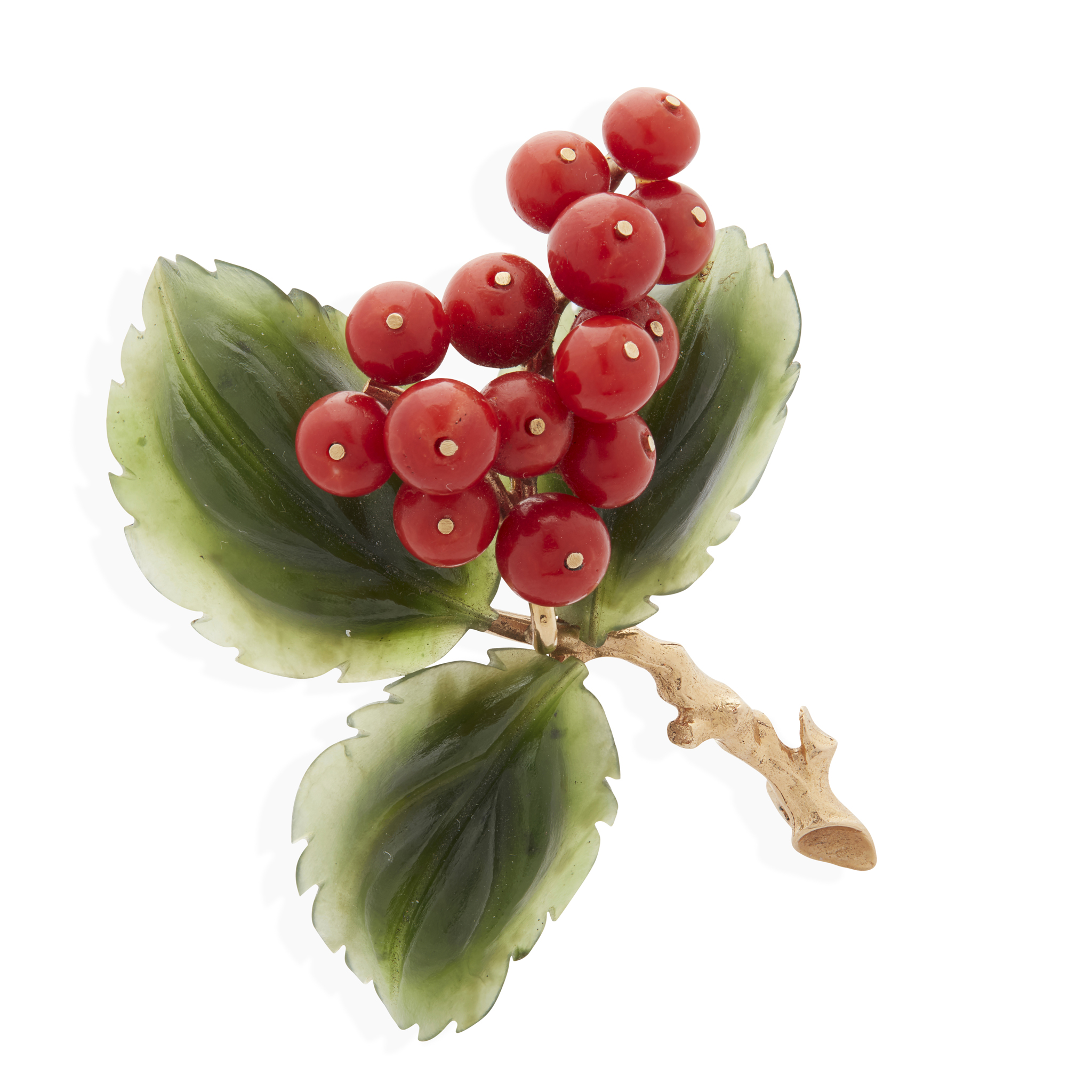 A coral and jade 'holly leaf' brooch