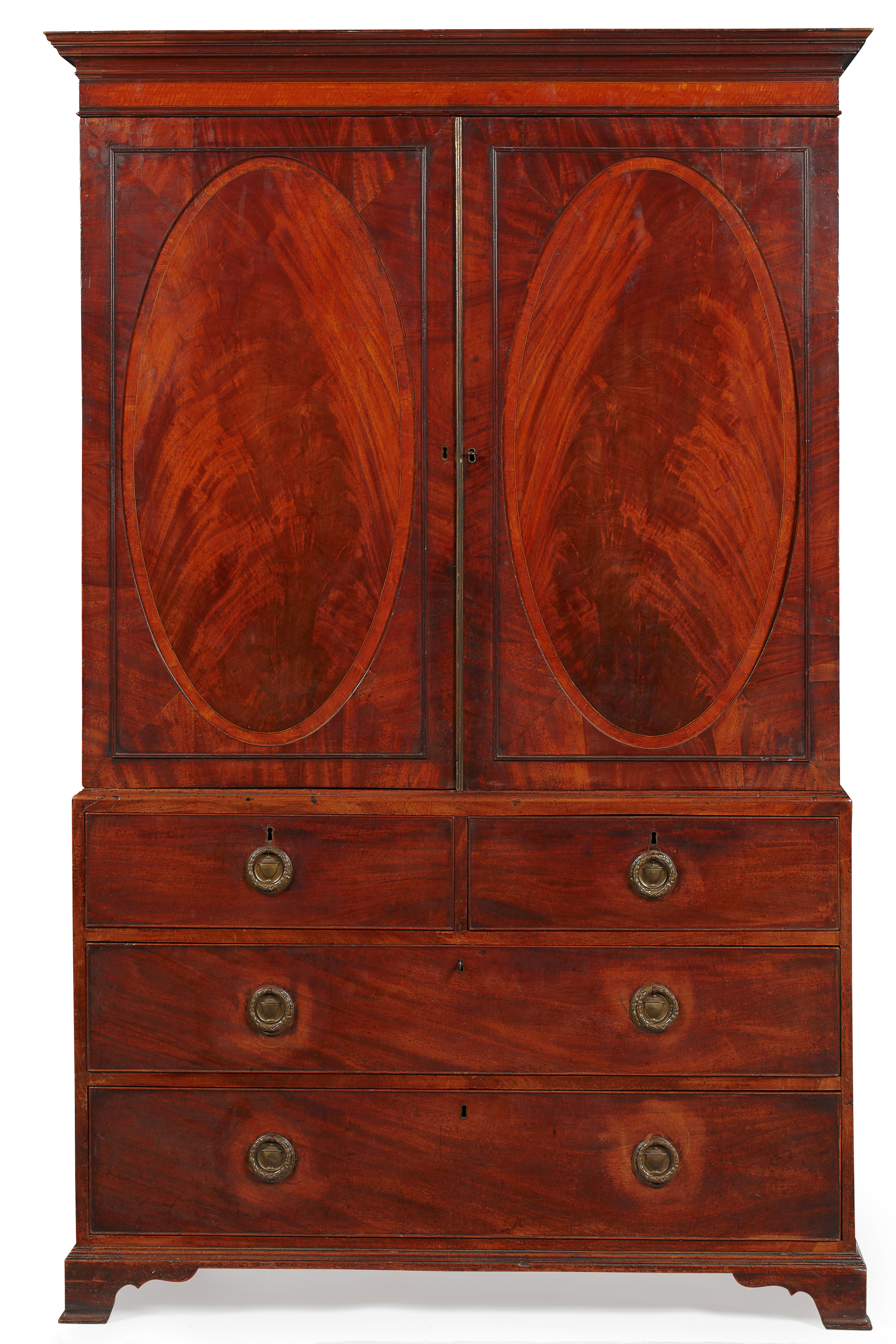 GEORGE III MAHOGANY AND SATINWOOD LINEN PRESS