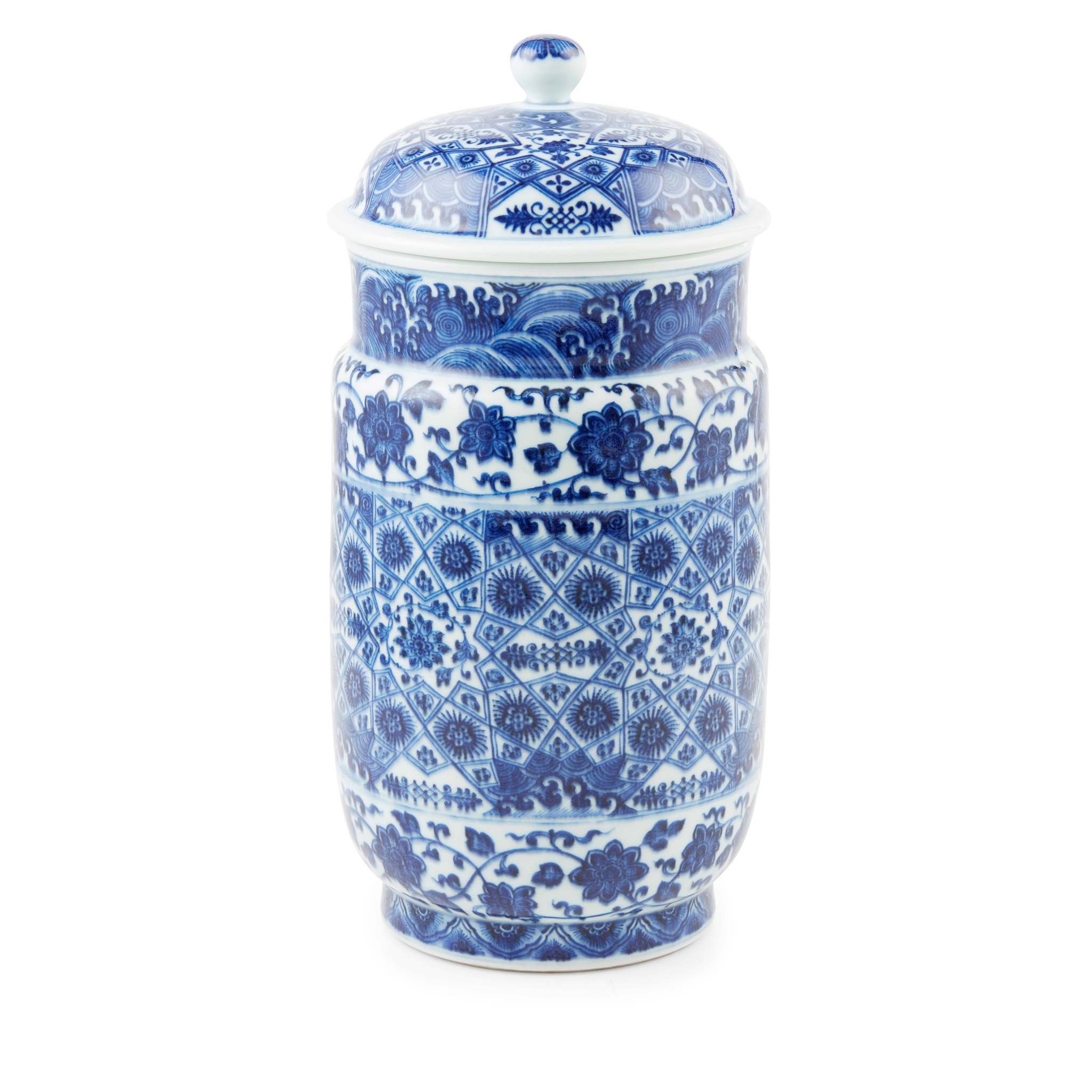 BLUE AND WHITE JAR WITH LID