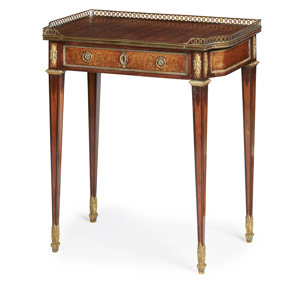 LOUIS XVI STYLE AMARANTH, FRUITWOOD AND PARQUETRY SIDE TABLE