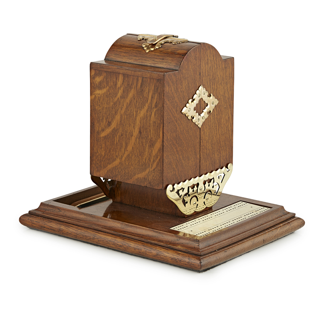 VICTORIAN BRASS MOUNTED OAK CARDS STAND