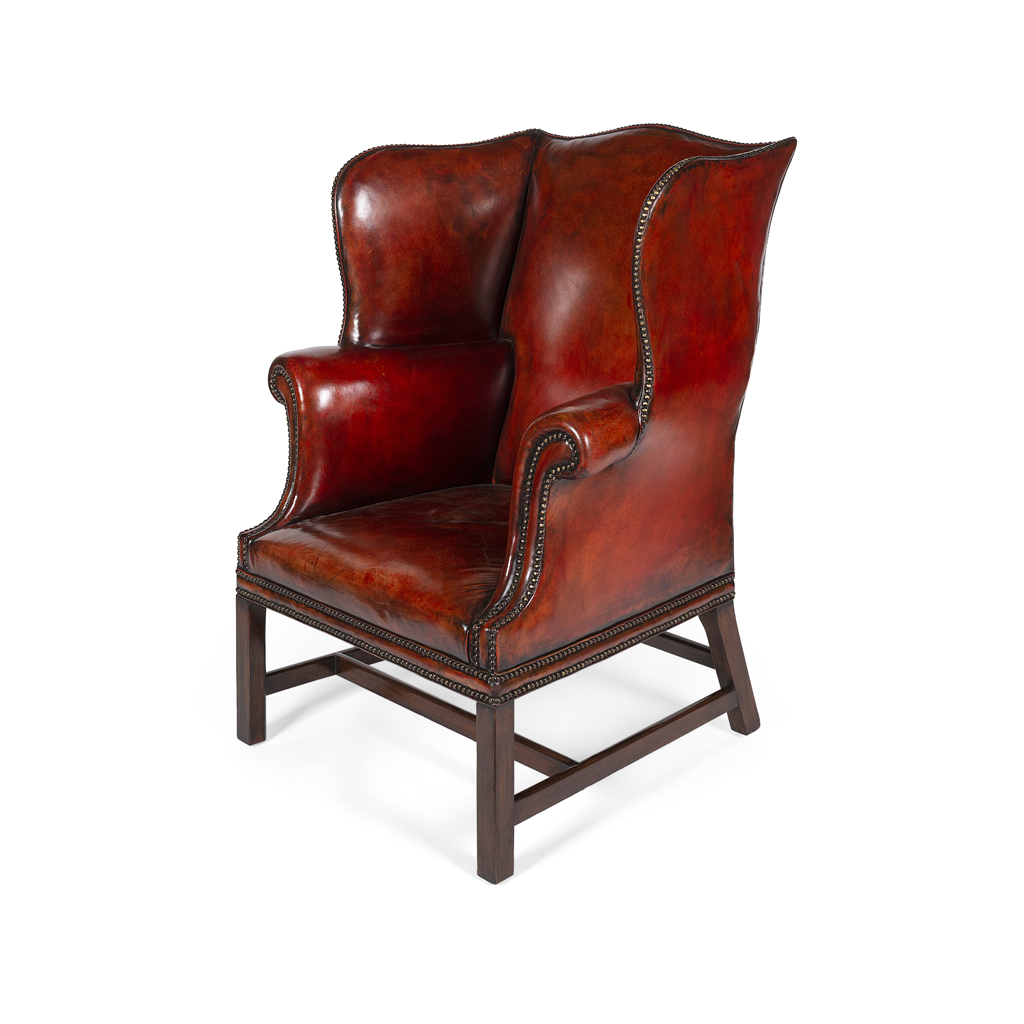 GEORGIAN STYLE RED LEATHER WING ARMCHAIR