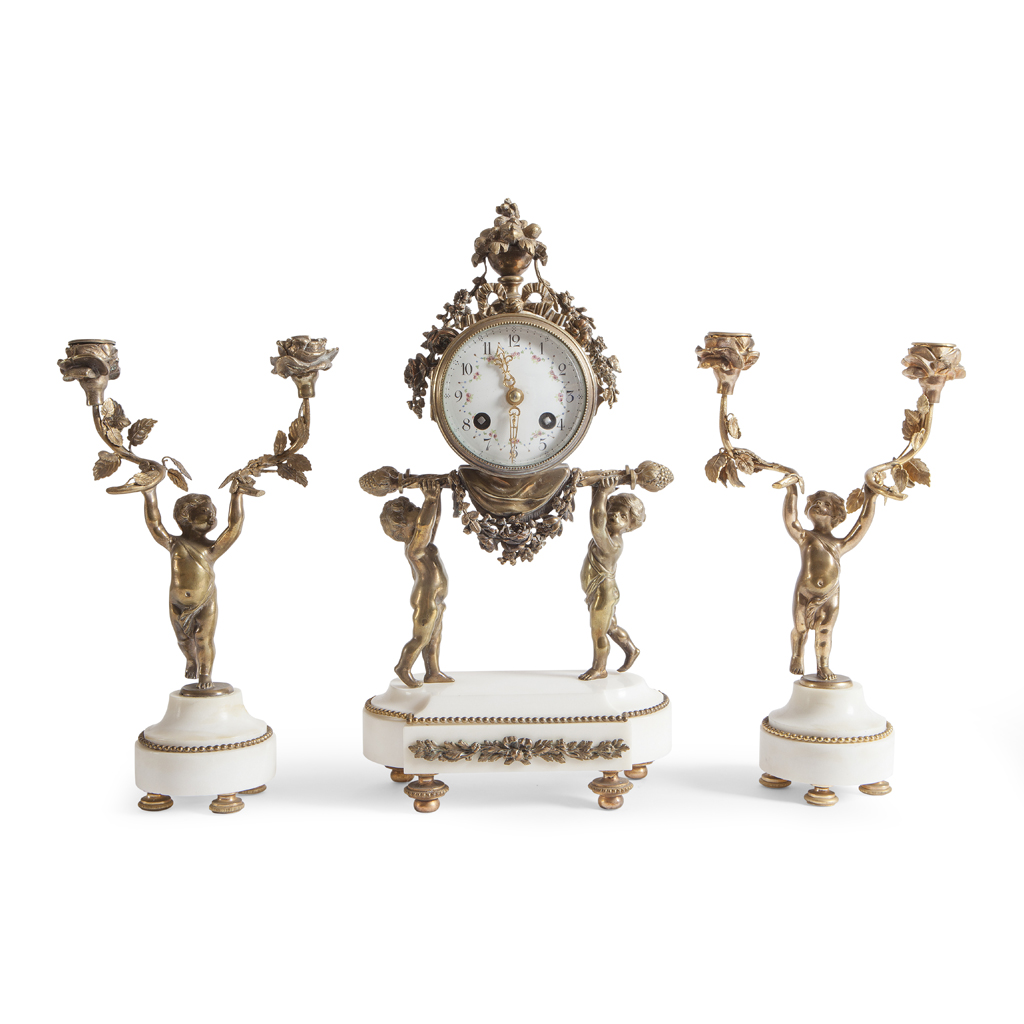 FRENCH GILT METAL AND WHITE MARBLE CLOCK GARNITURE