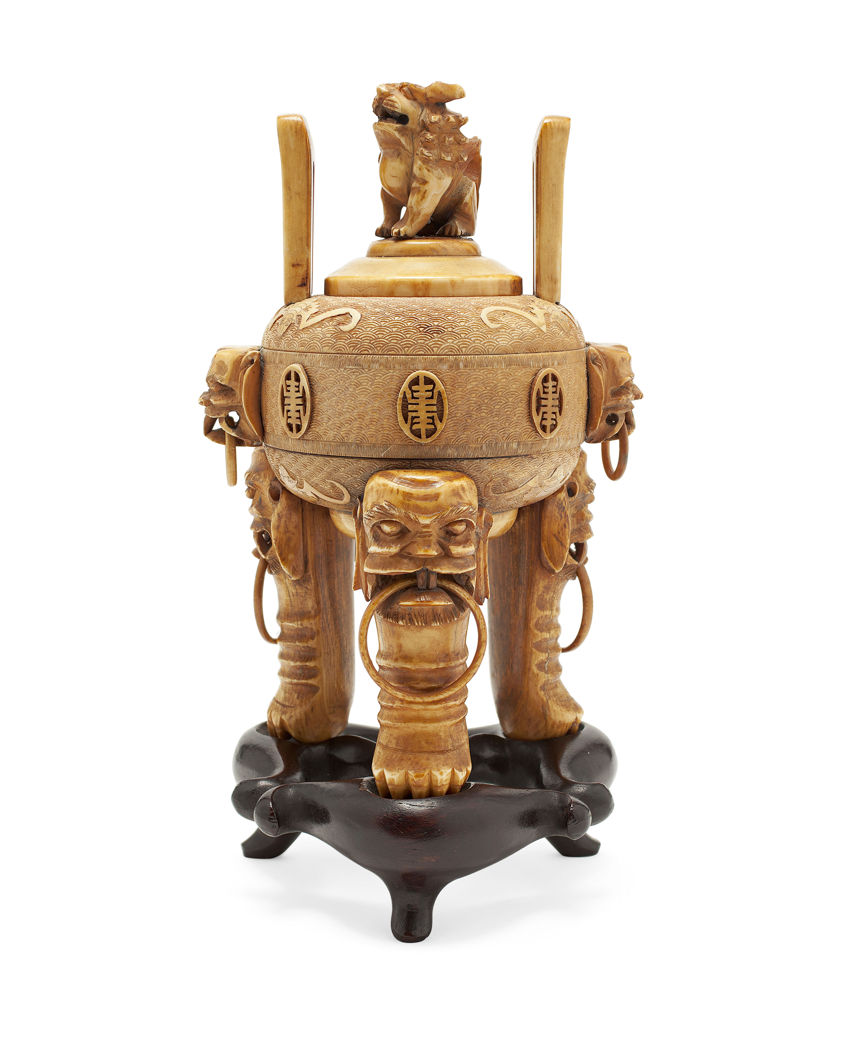 CHINESE STAINED CARVED IVORY COVERED KORO