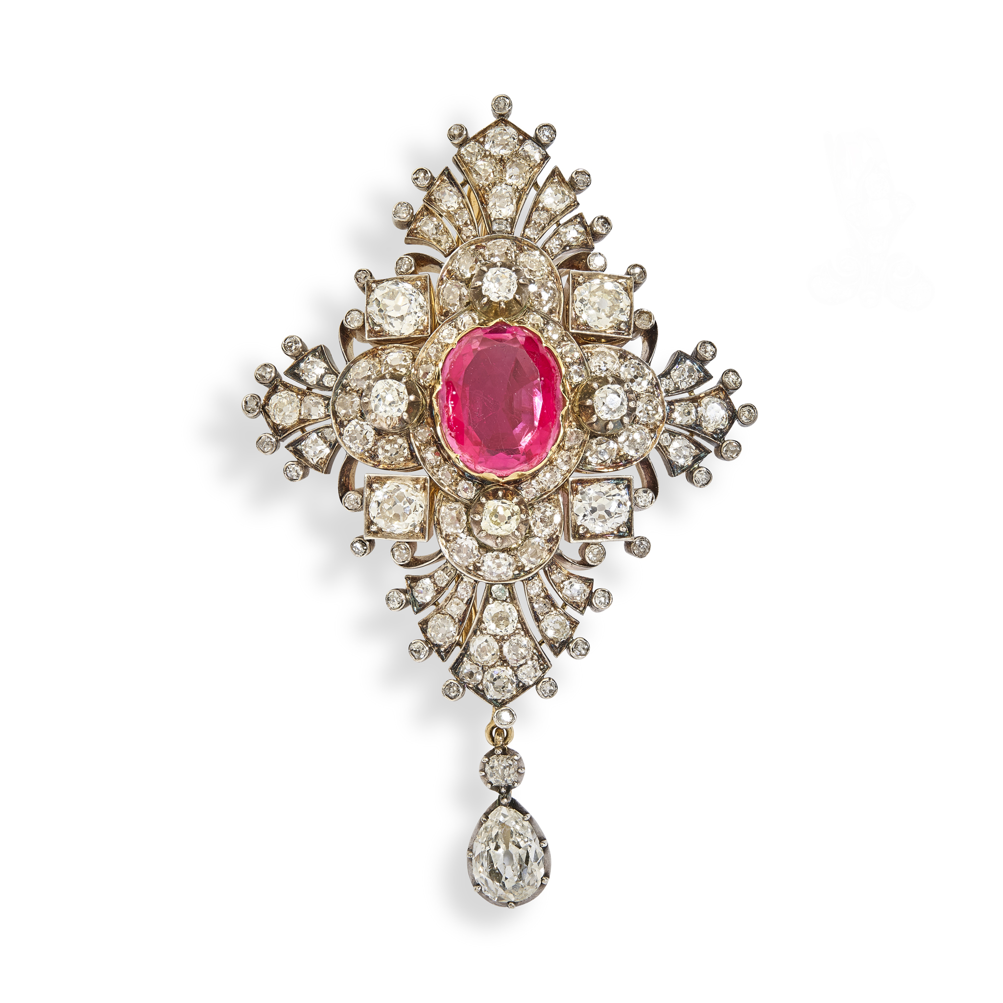 A mid 19th century diamond and pink-gem pendant/brooch