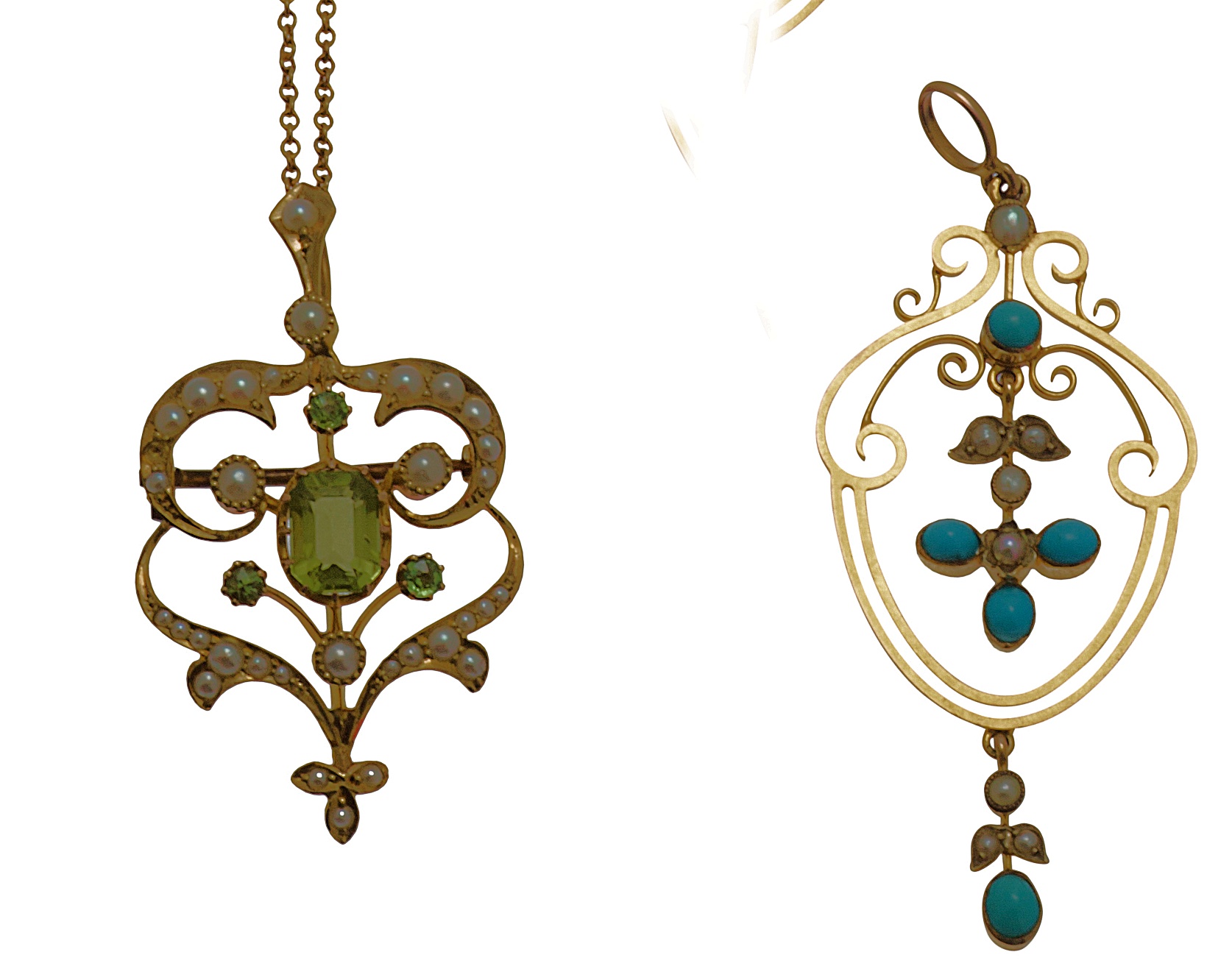 Two Victorian gold, pearl and gem set pendants