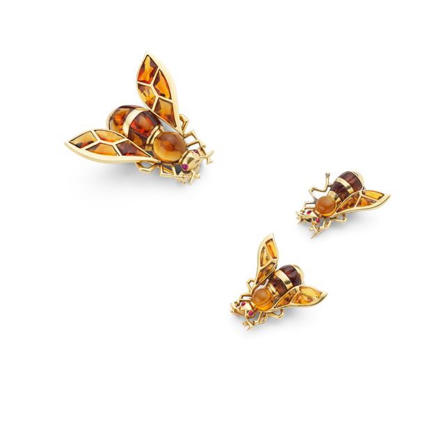 A set of citrine bee brooches