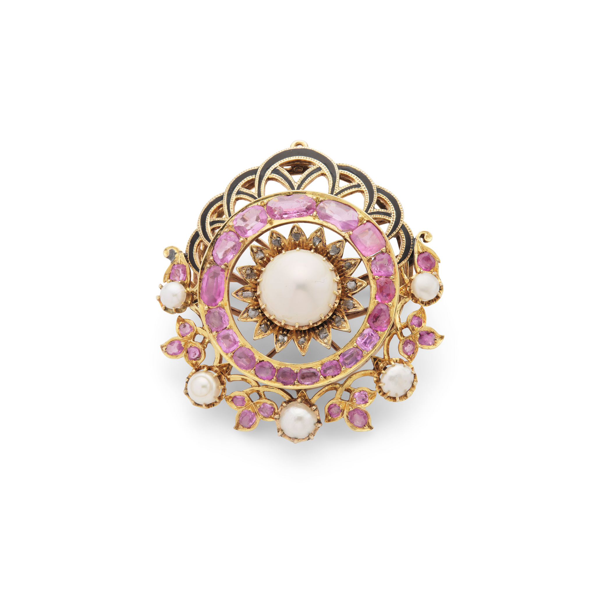 A late 19th century pink sapphire and pearl brooch, circa 1890s