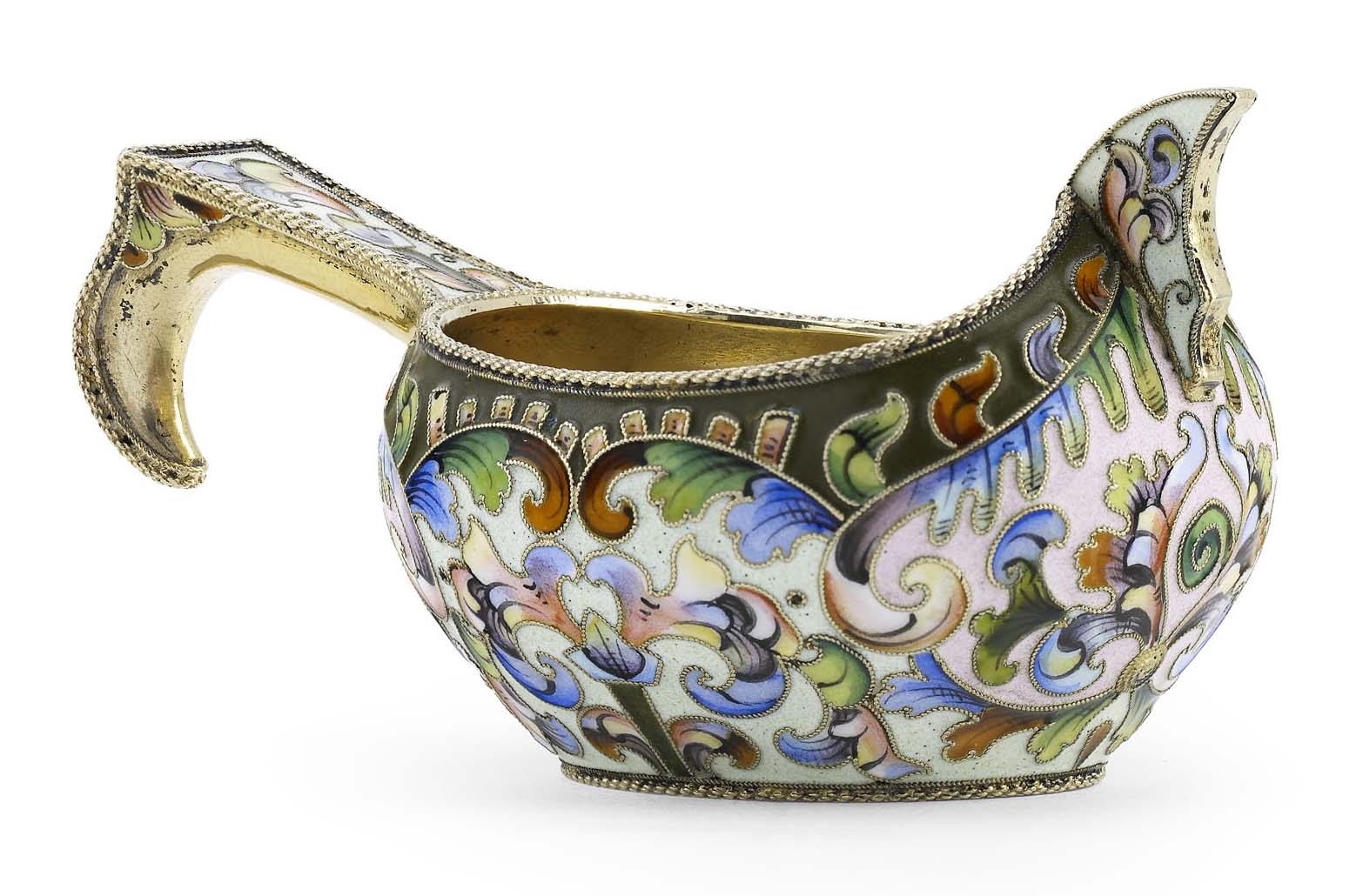 A Russian small silver-gilt and cloisonné enamel kovsch