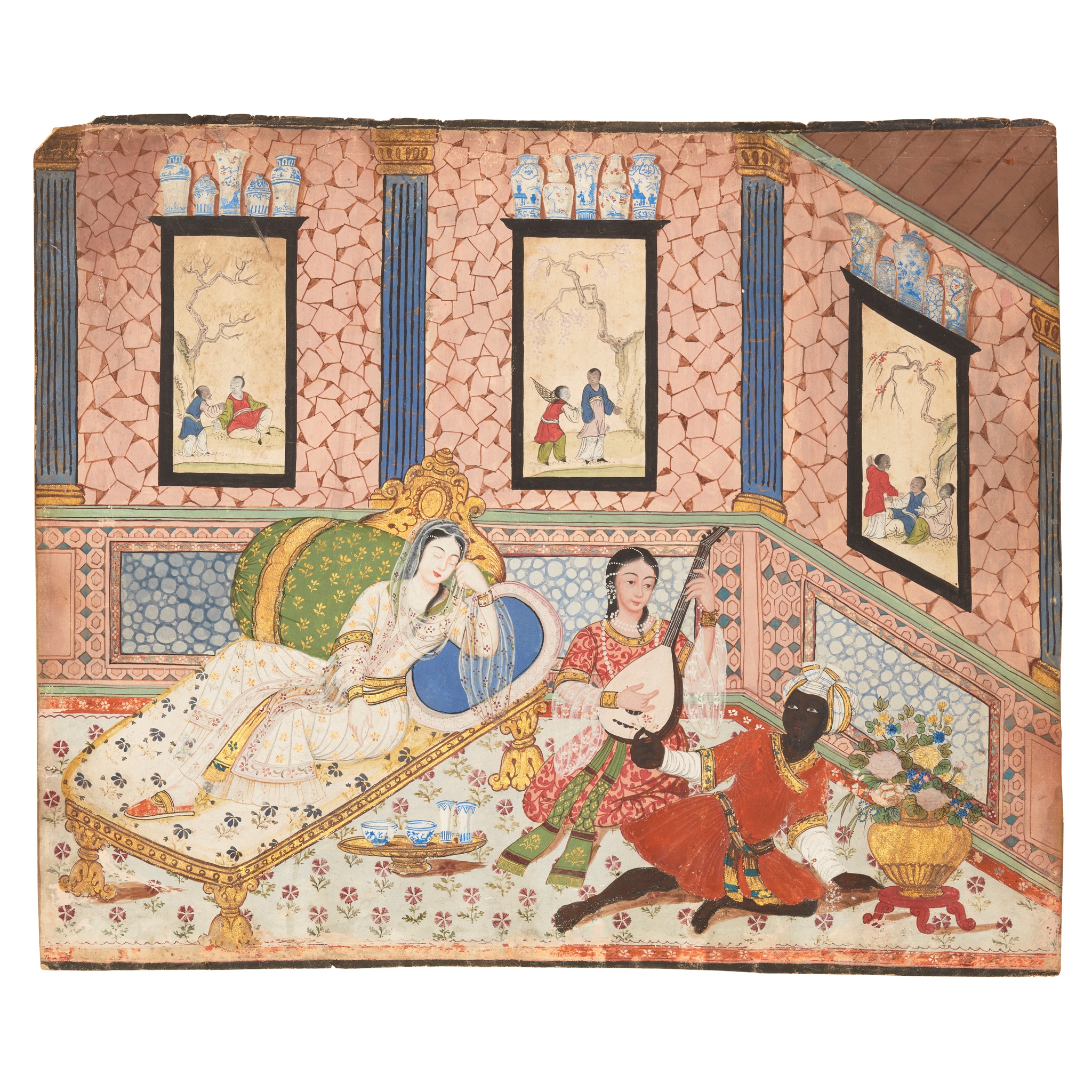 A EUROPEAN MISTRESS RESTING ON HER DIVAN LISTENING TO A FEMALE MUSICIAN PLAYING THE LUTE WITH AN AFRICAN YOUTH STRETCHED LOUNGING BEFORE THEM IN THE FOREGROUND