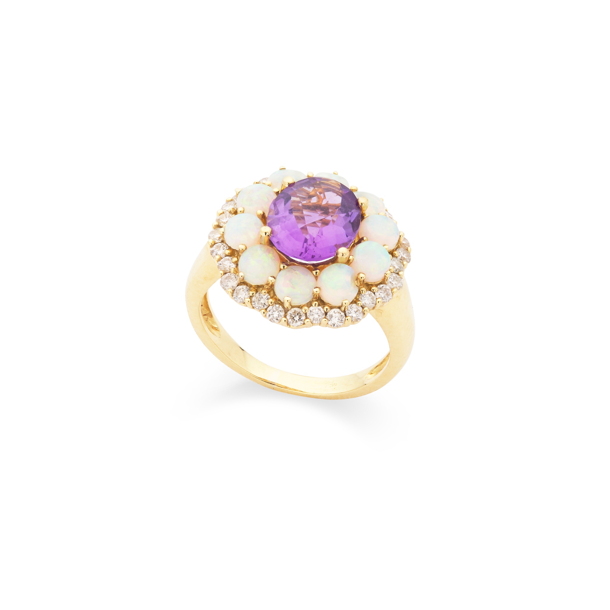 An amethyst, opal and diamond cocktail ring