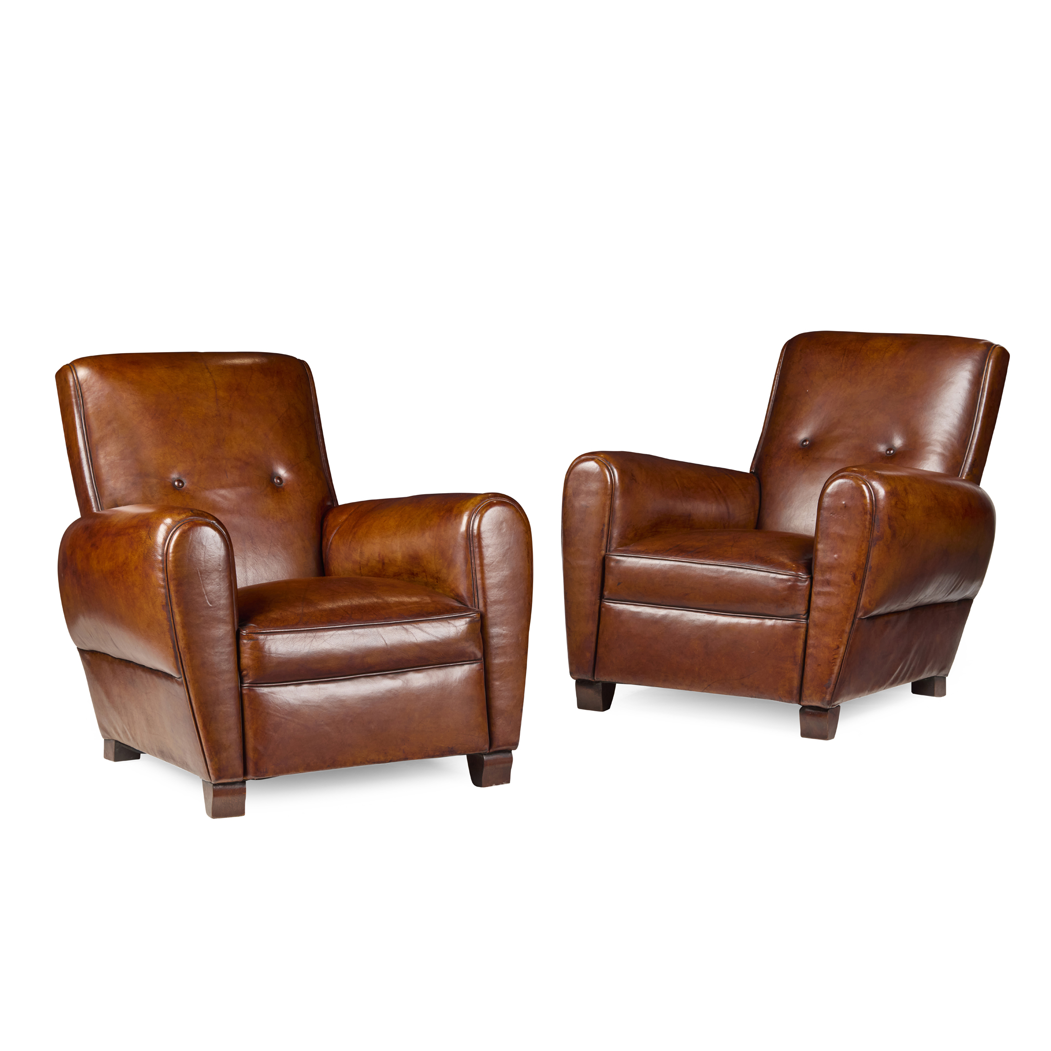 PAIR OF ART DECO LEATHER UPHOLSTERED CLUB ARMCHAIRS