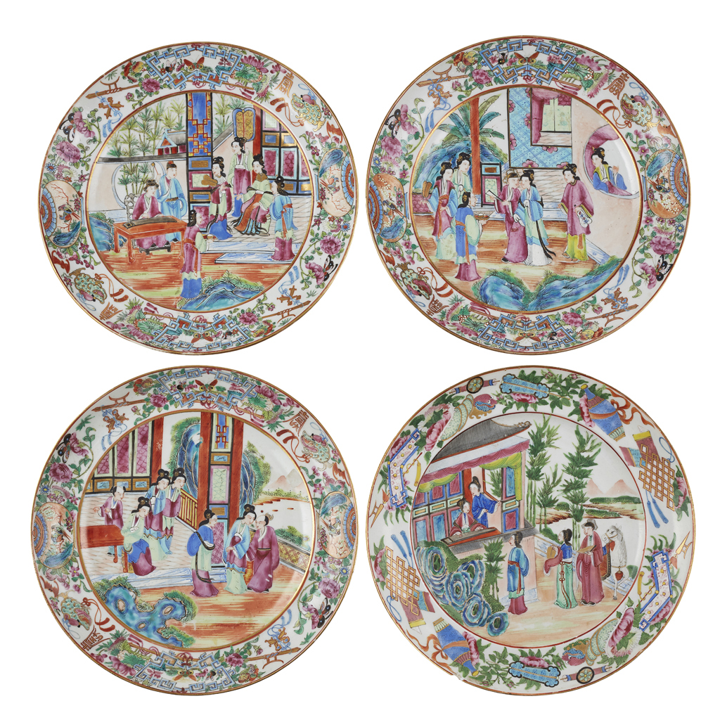 FOUR CANTON FAMILLE ROSE PLATES