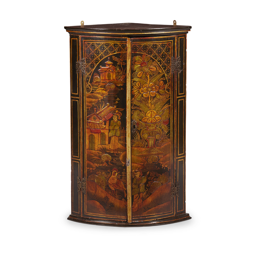 GEORGE III JAPANNED BOWFRONT CORNER CUPBOARD