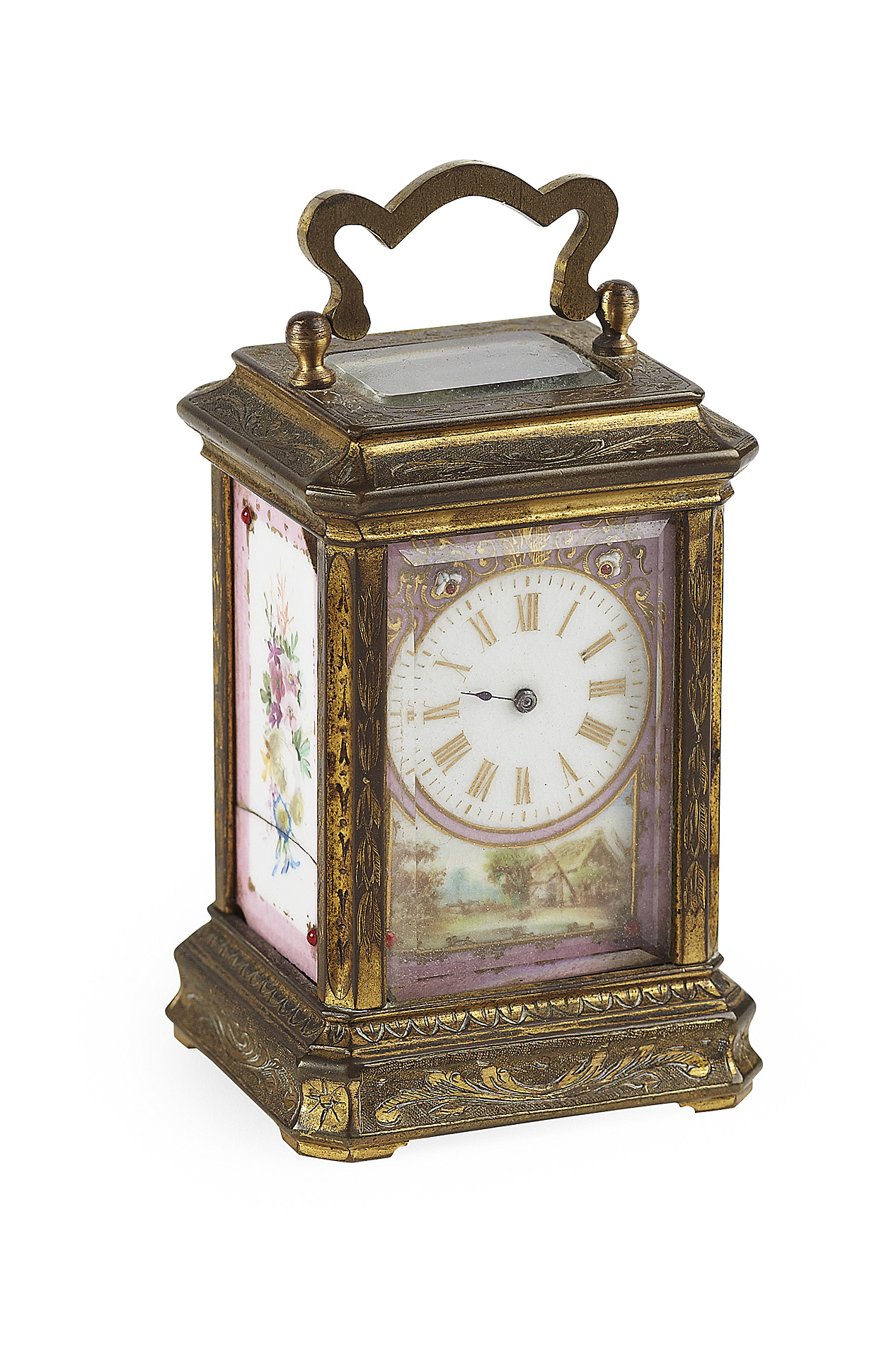 SMALL FRENCH BRASS AND PORCELAIN CARRIAGE CLOCK