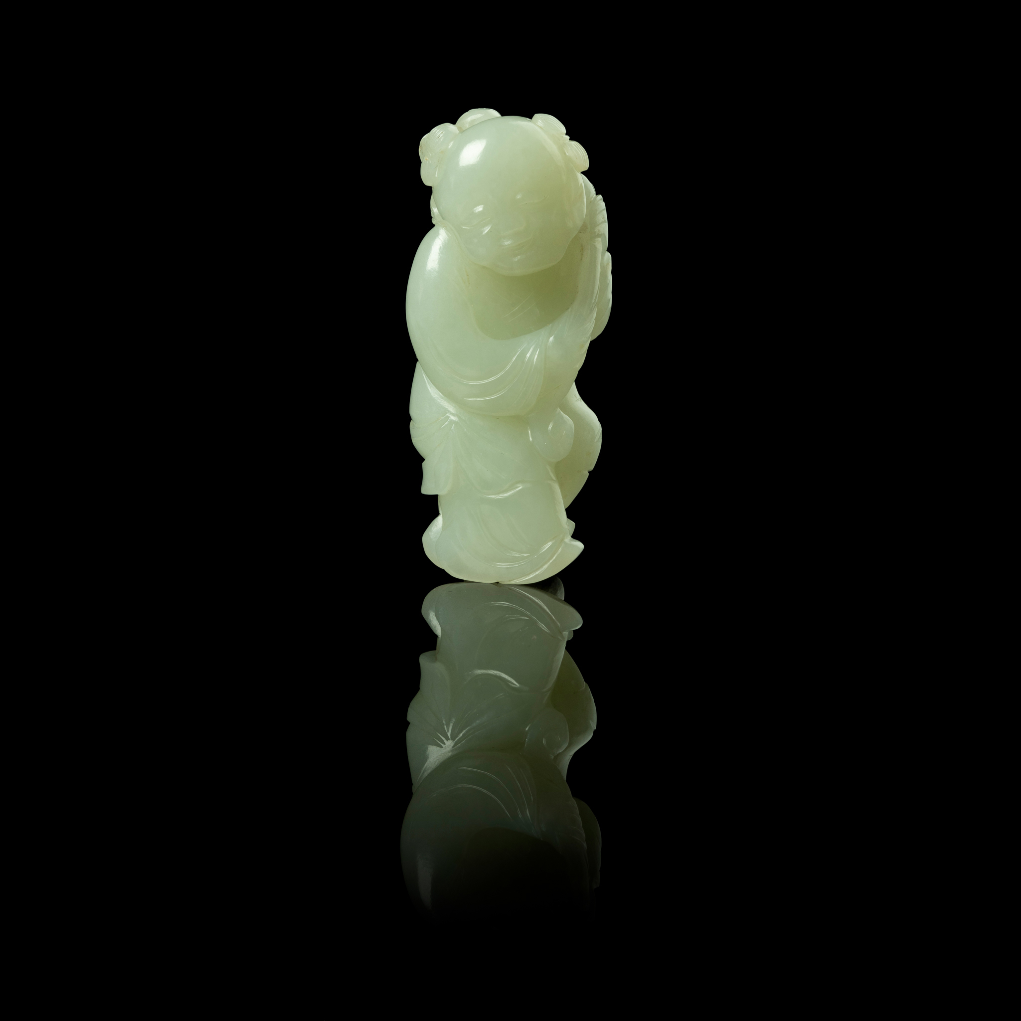 PALE CELADON JADE 'BOY AND LOTUS' CARVING