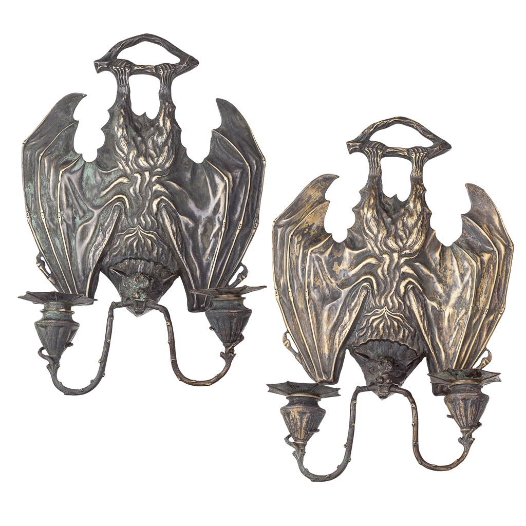 PAIR OF PATINATED BRASS WALL SCONCES