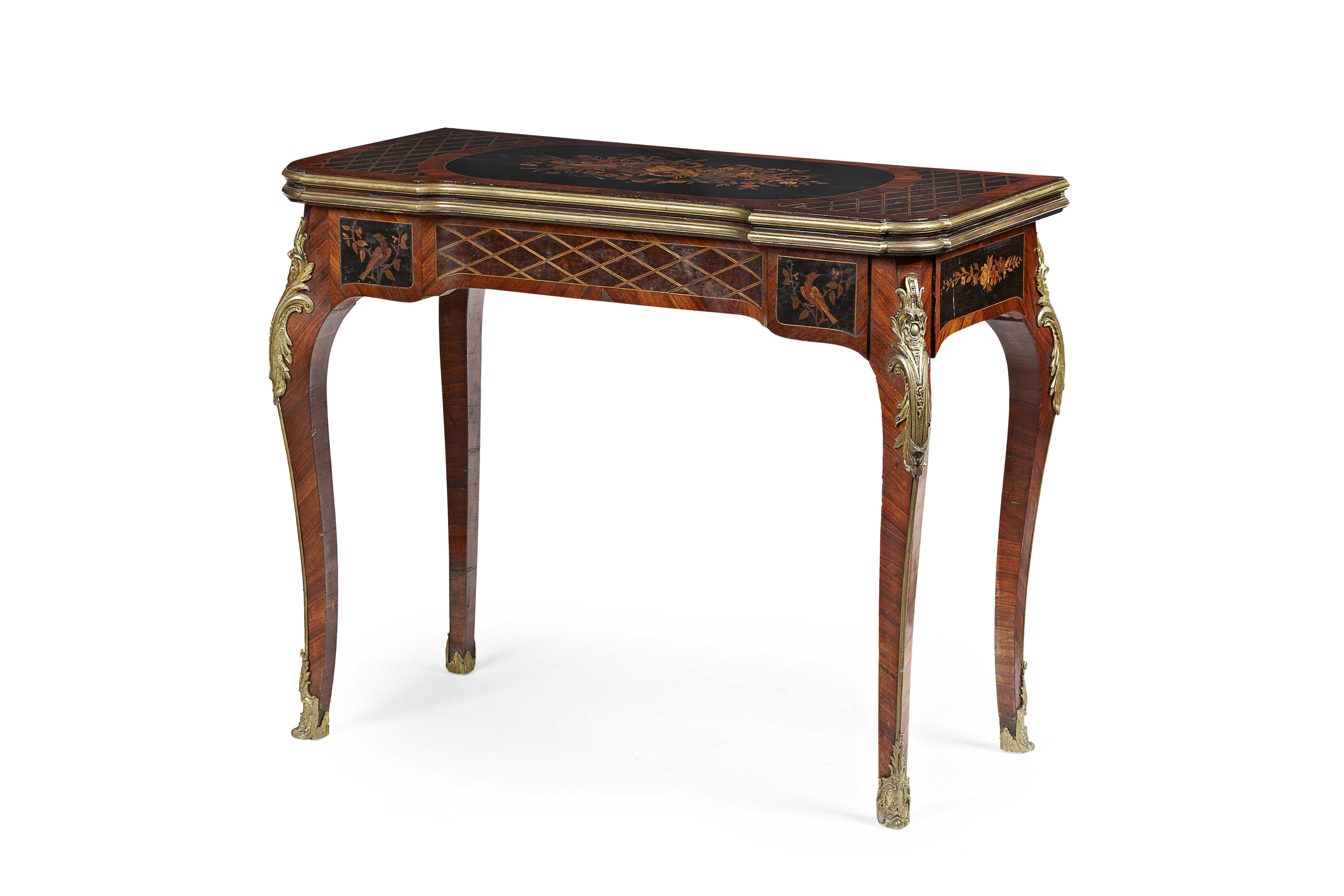 VICTORIAN MARQUETRY AND GILT BRONZE MOUNTED FOLDOVER GAMES TABLE