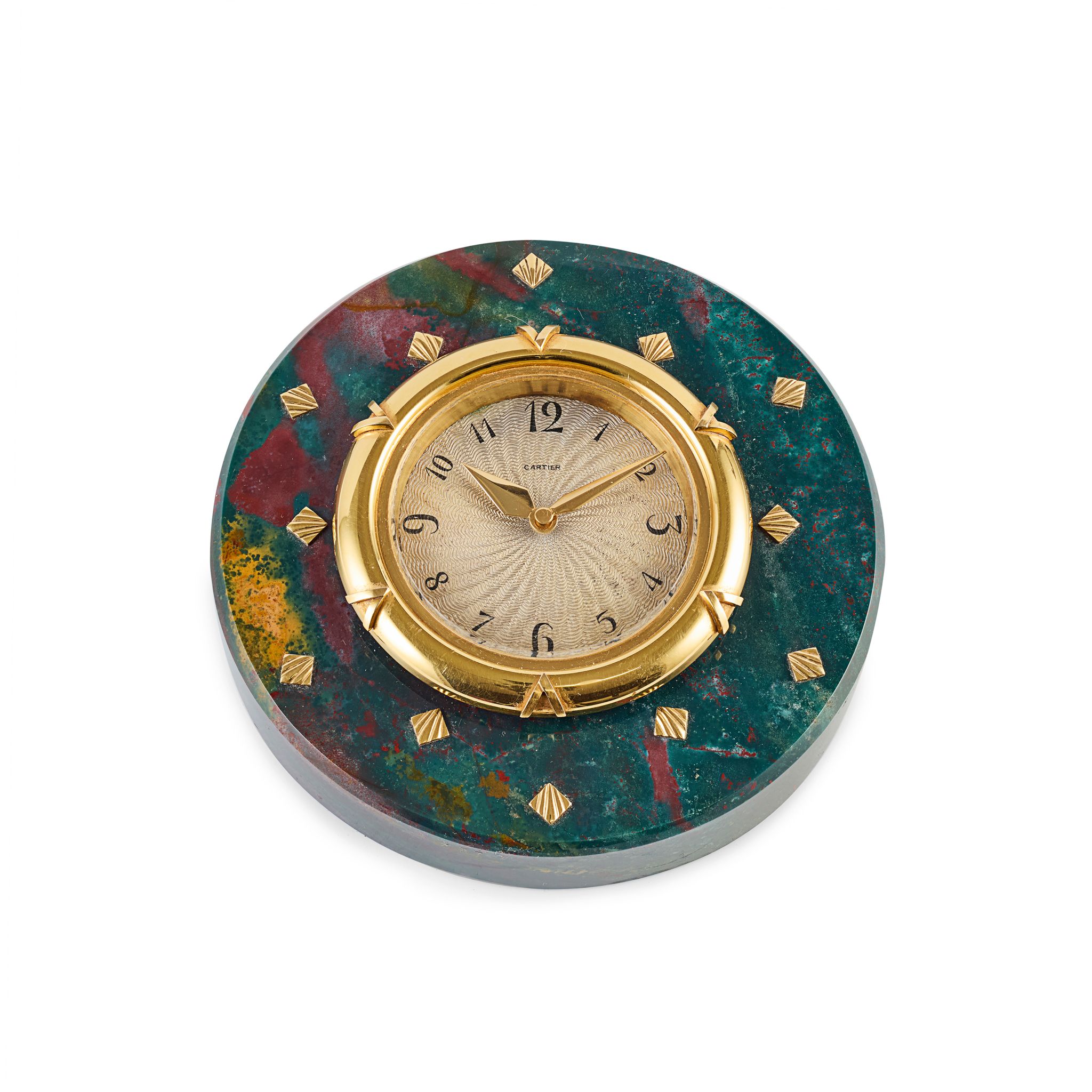 Cartier. A very rare bloodstone and 18k gold eight-day mechanical desk clock