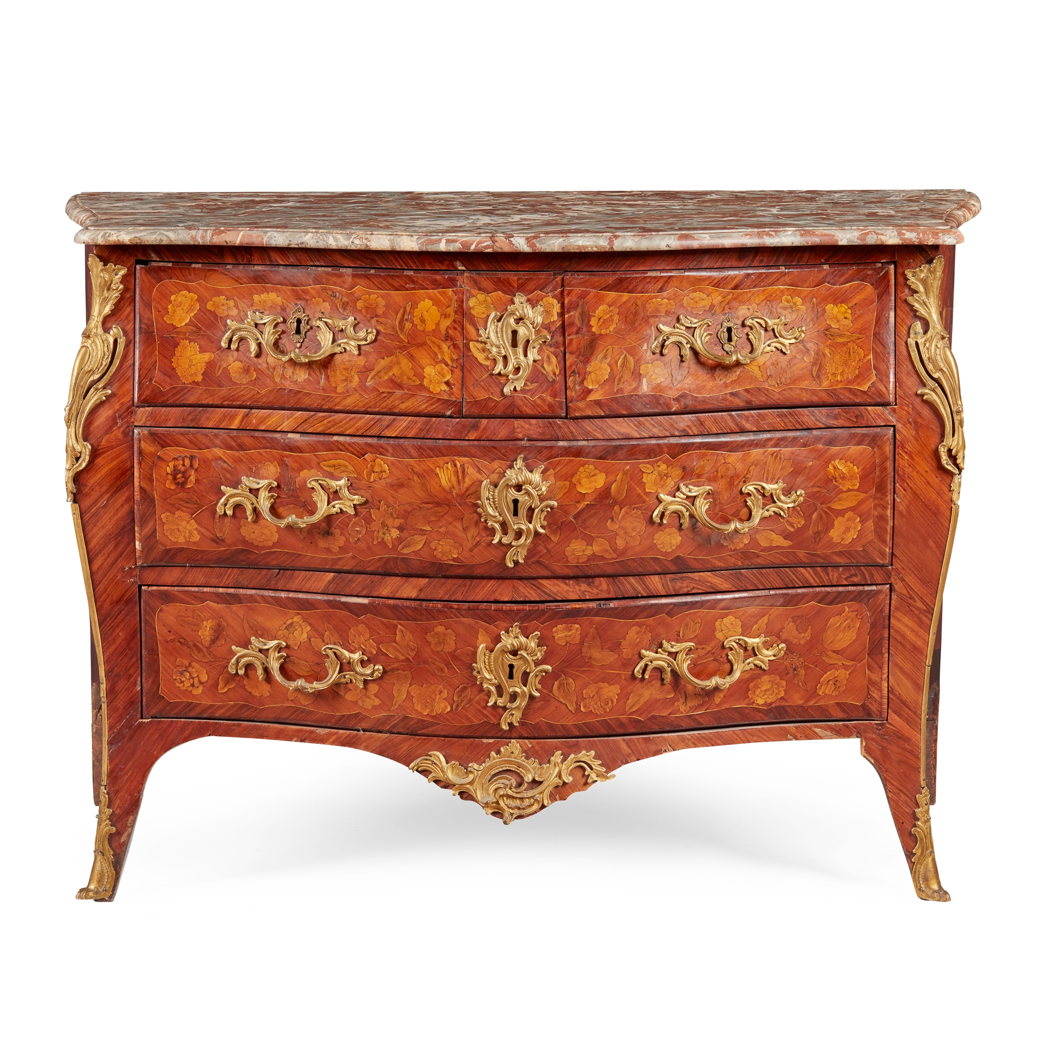 A LOUIS XV KINGWOOD, AMARANTH AND FLORAL MARQUETRY MARBLE TOPPED COMMODE, STAMPED P. ROUSSEL JME