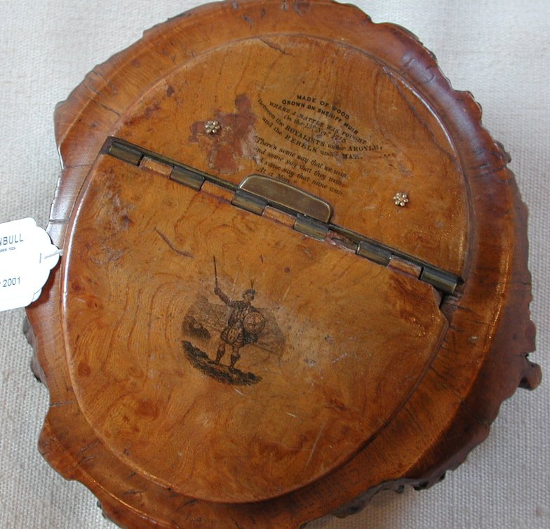 A Scottish 19th century Mauchlineware burr elm snuff mull