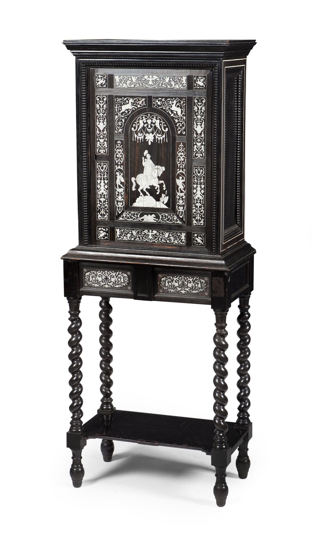 FLEMISH EBONY AND IVORY INLAID CABINET ON STAND