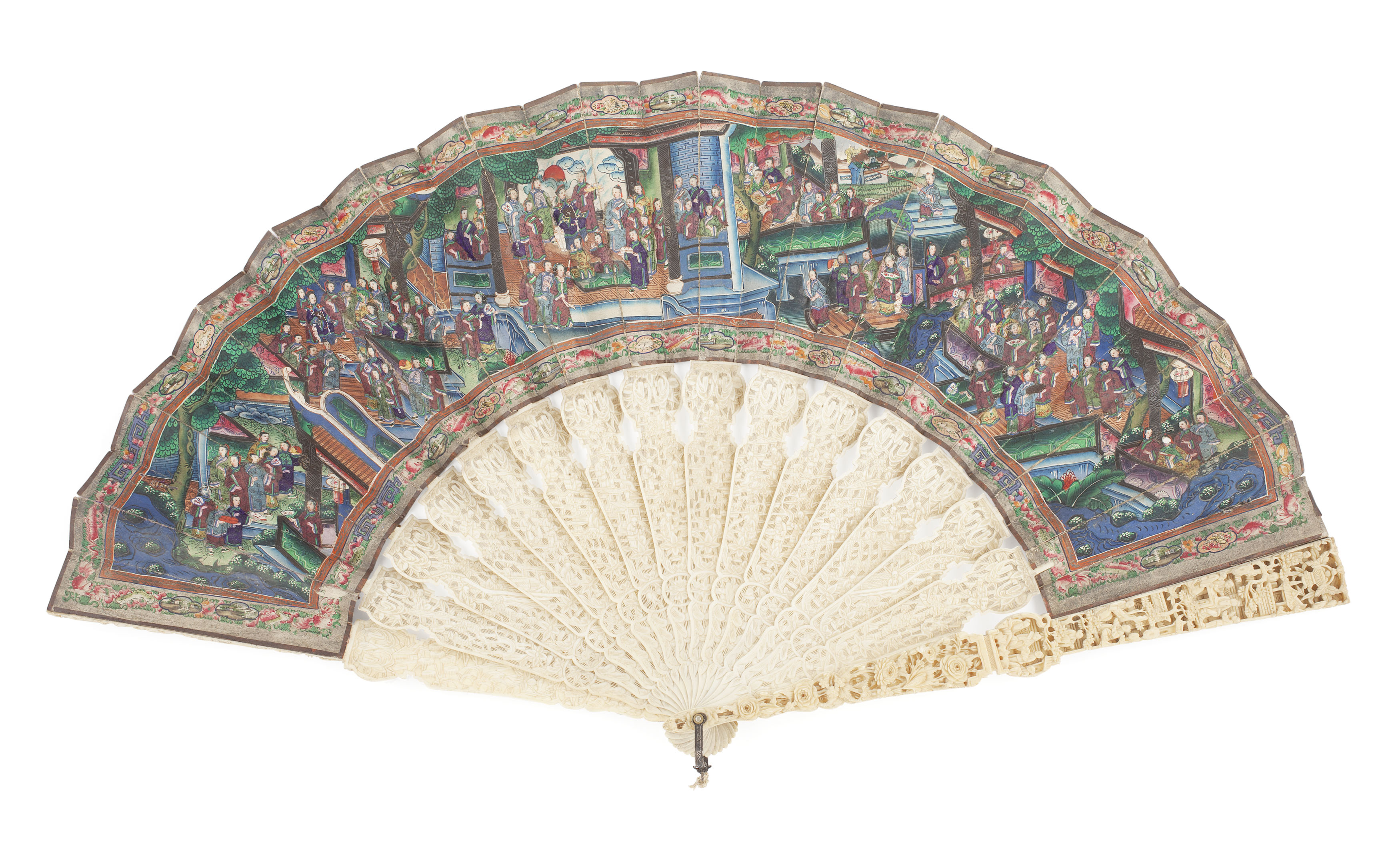 CHINESE CANTON CARVED IVORY AND PAINTED PAPER FAN