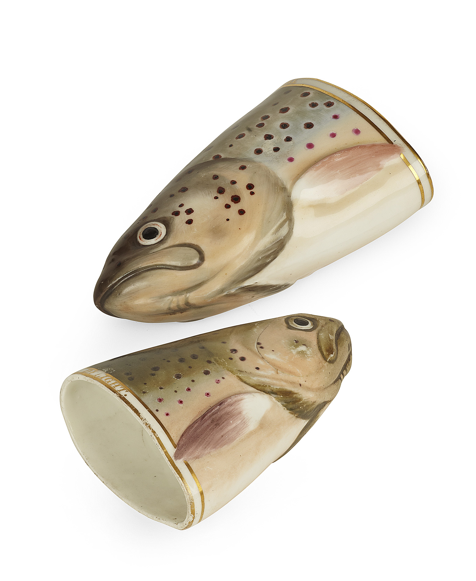 TWO ENGLISH PORCELAIN TROUT HEAD STIRRUP CUPS