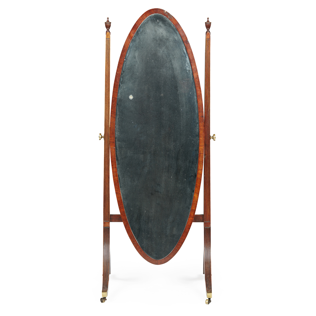 LATE GEORGE III STYLE MAHOGANY CHEVAL MIRROR