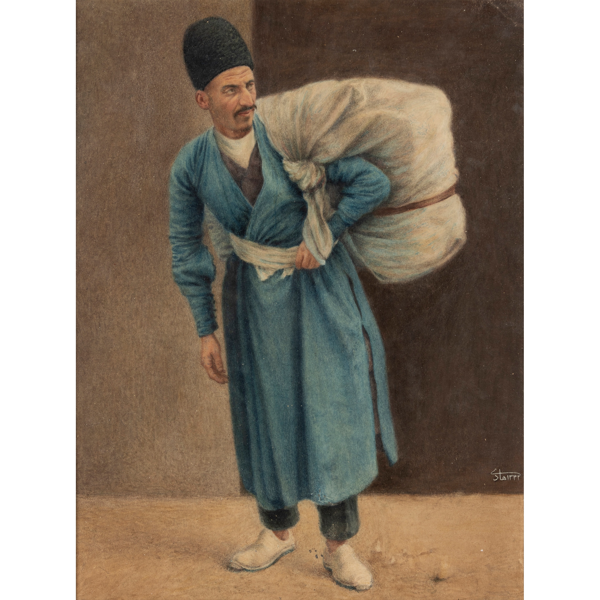 A MAN CARRYING A WHITE SACK AND A SEATED LADY CRUSHING HERBS AND SPICES