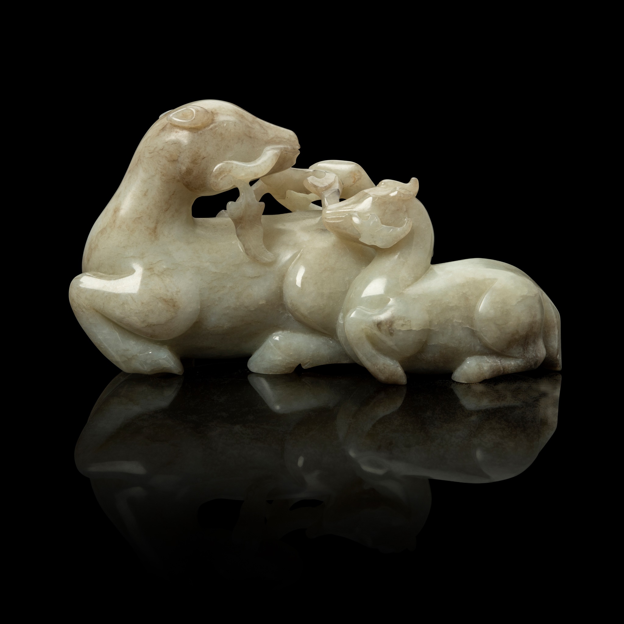 GREYISH WHITE JADE CARVING OF MOTHER HORSE AND FOAL