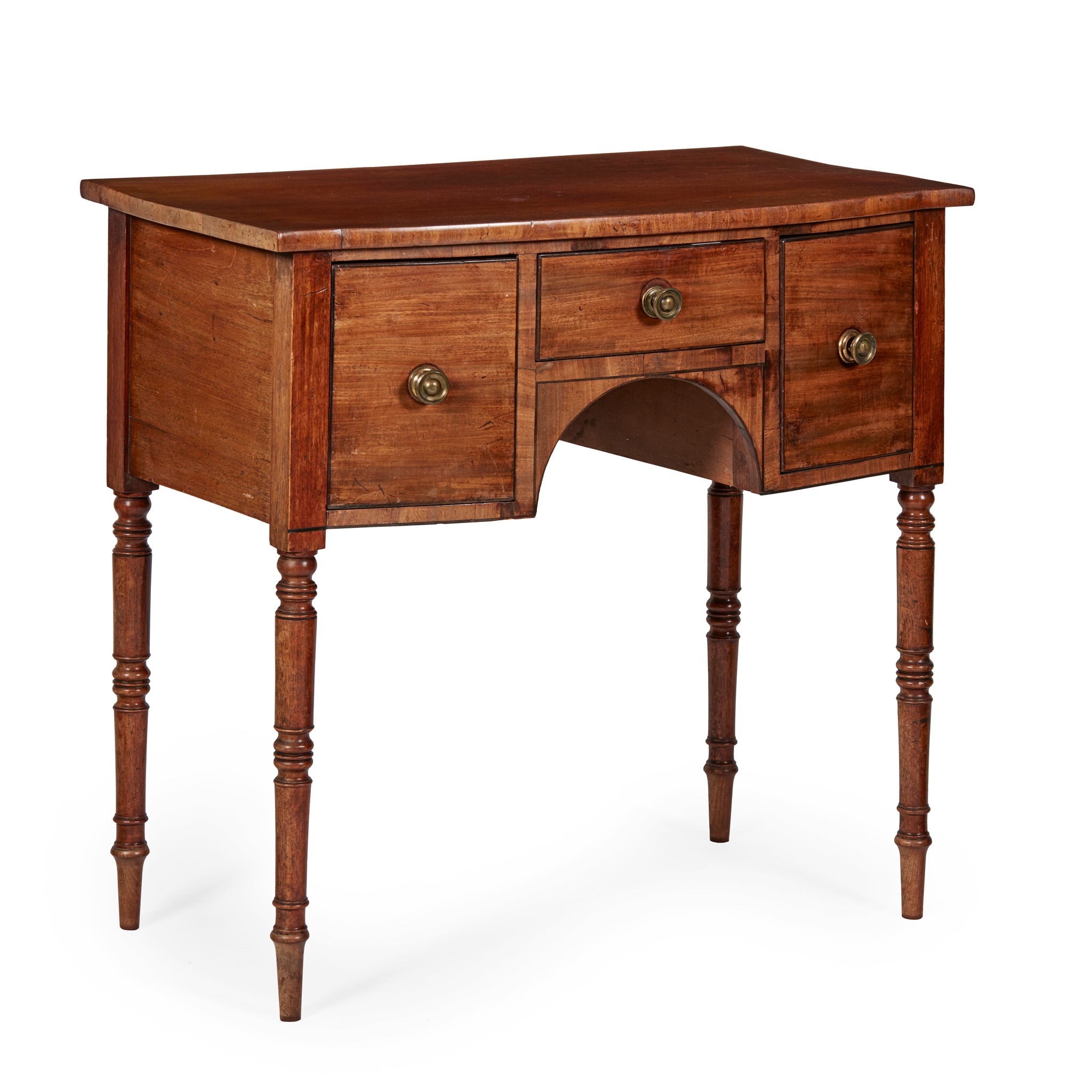 SMALL REGENCY MAHOGANY AND EBONY STRUNG BOWFRONT SIDEBOARD