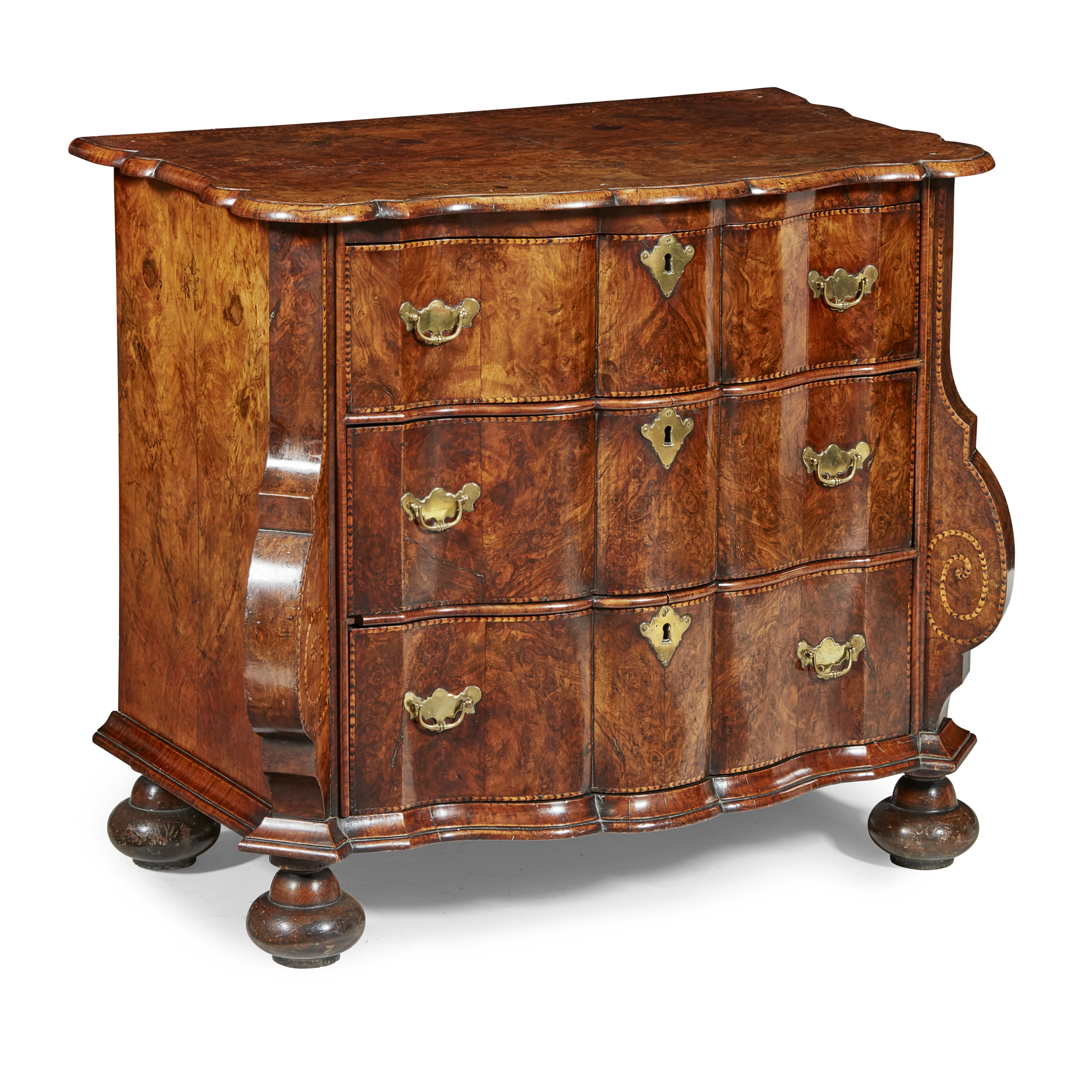 DUTCH WALNUT AND FRUITWOOD SERPENTINE CHEST OF DRAWERS