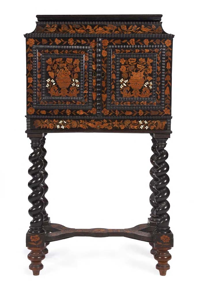 A Flemish ebony, ebonised and marquetry inlaid small cabinet on stand, late 17th century,