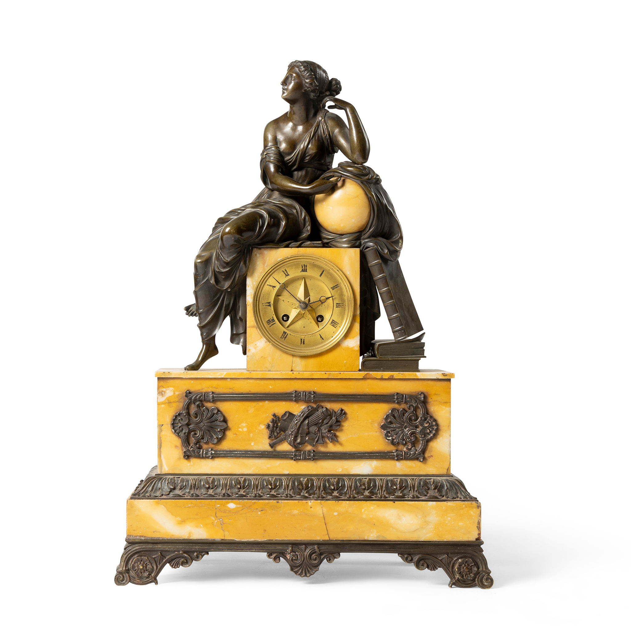 A FRENCH BRONZE AND SIENNA MARBLE MANTEL CLOCK