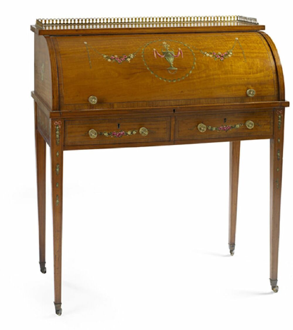 An Edwardian period satinwood and rosewood crossbanded cylinder bureau