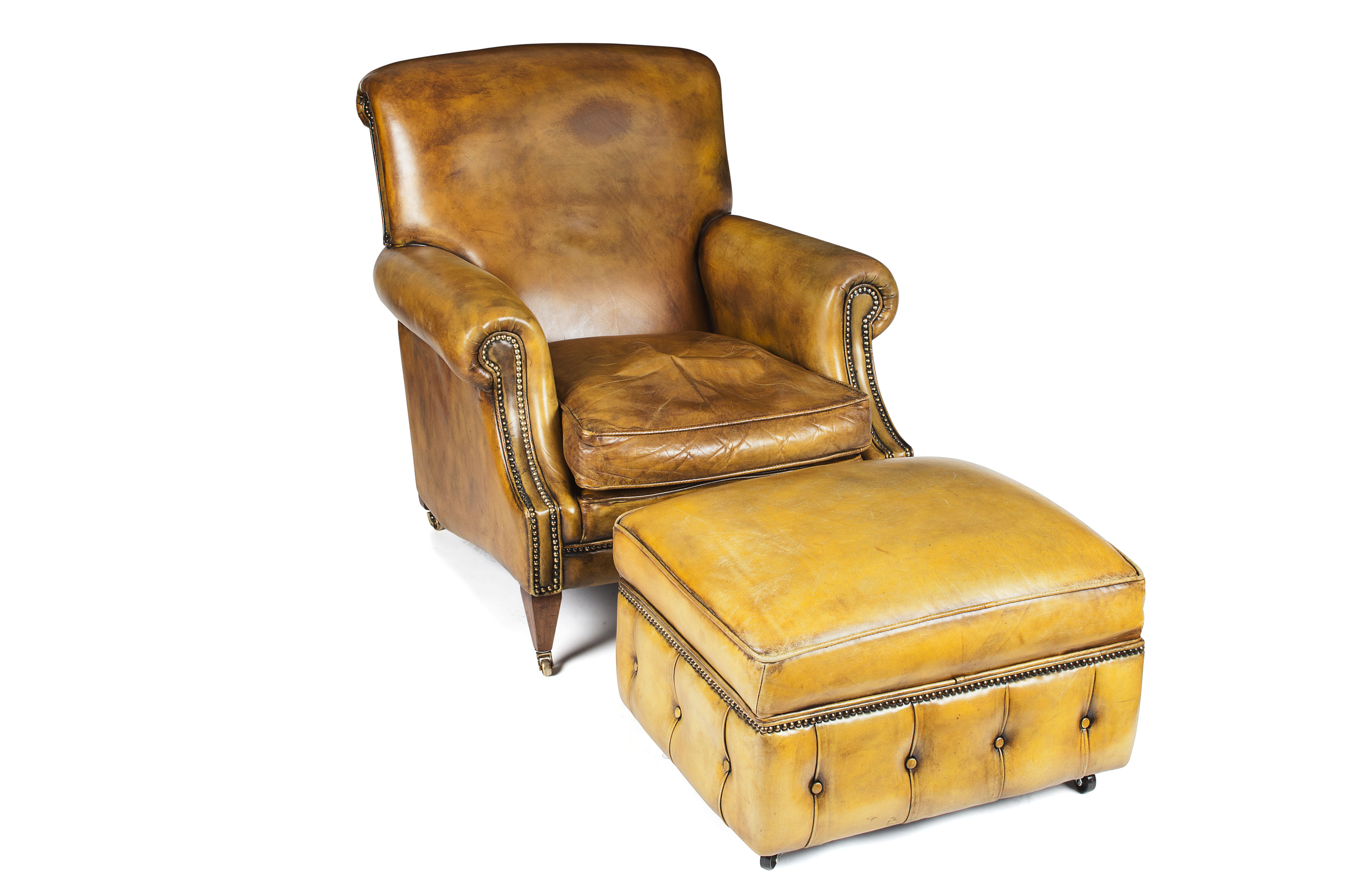 GEORGIAN STYLE LEATHER ARMCHAIR AND STOOL